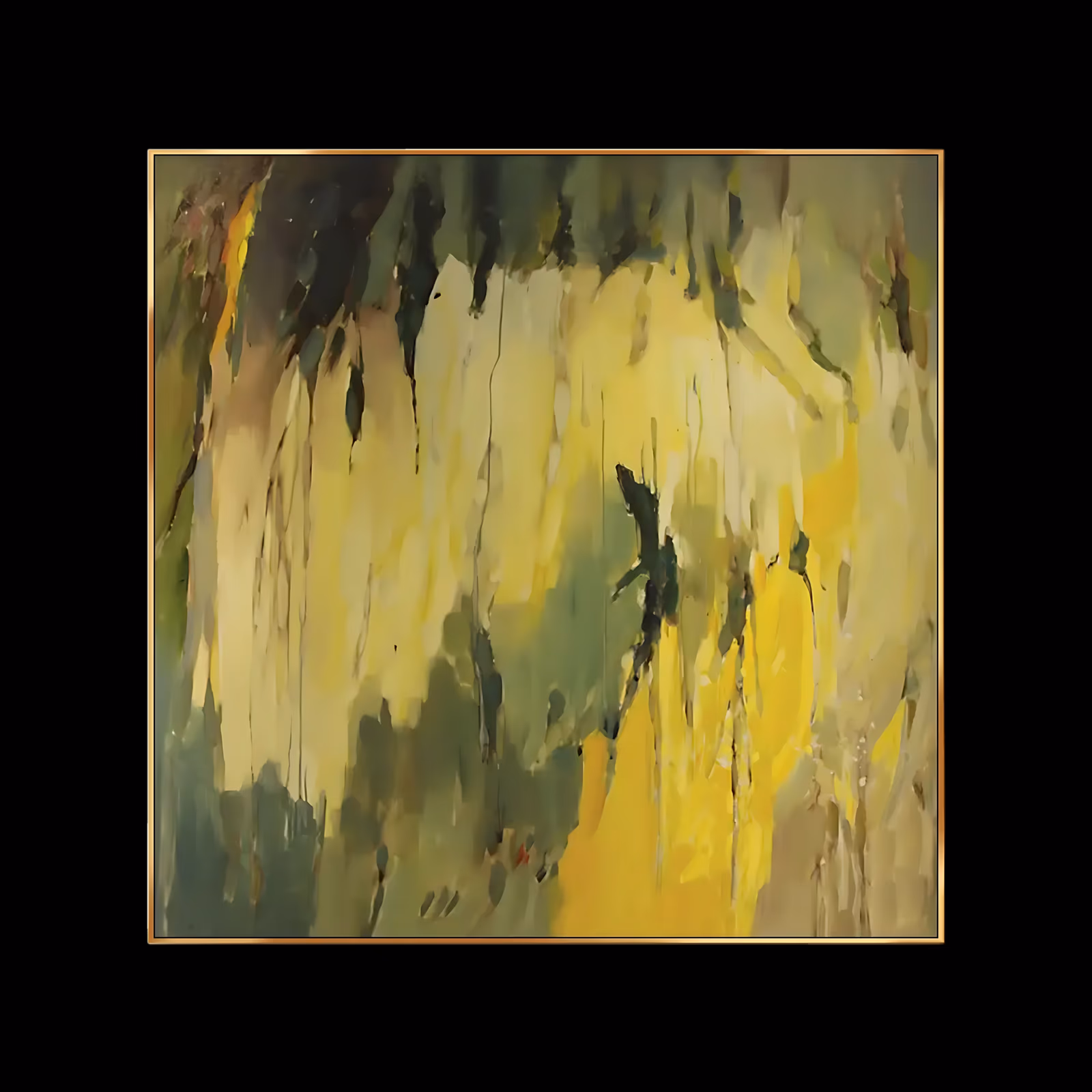 a large square abstract painting of pale yellow and olive green washes with dark green marks along the top edge and thin paint drips running down over them, in flat brushed oil
