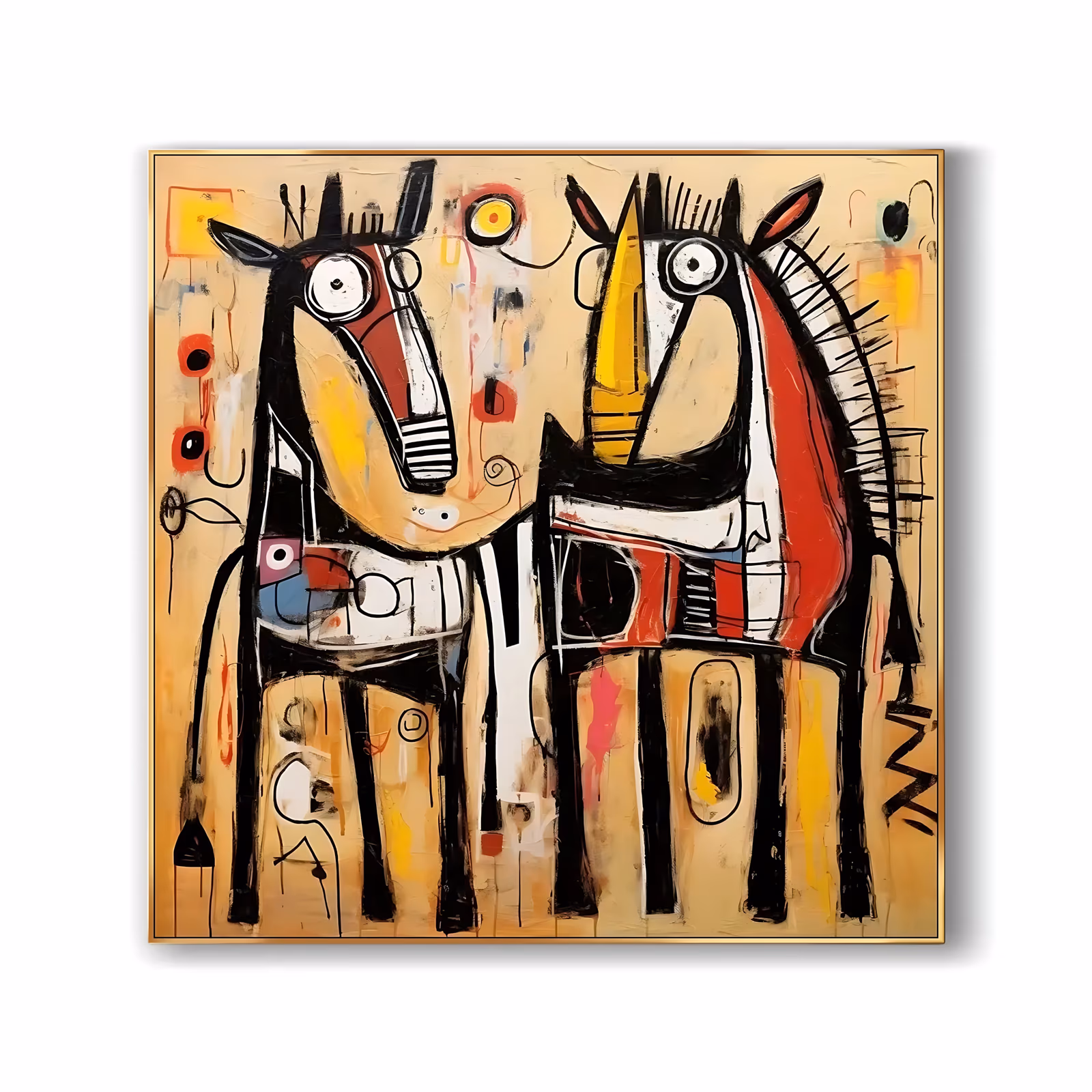 a large square naive folk painting of two stylized horses facing forward on a tan ground, drawn in heavy black outline with red, yellow and white patches and scribbled marks, in acrylic
