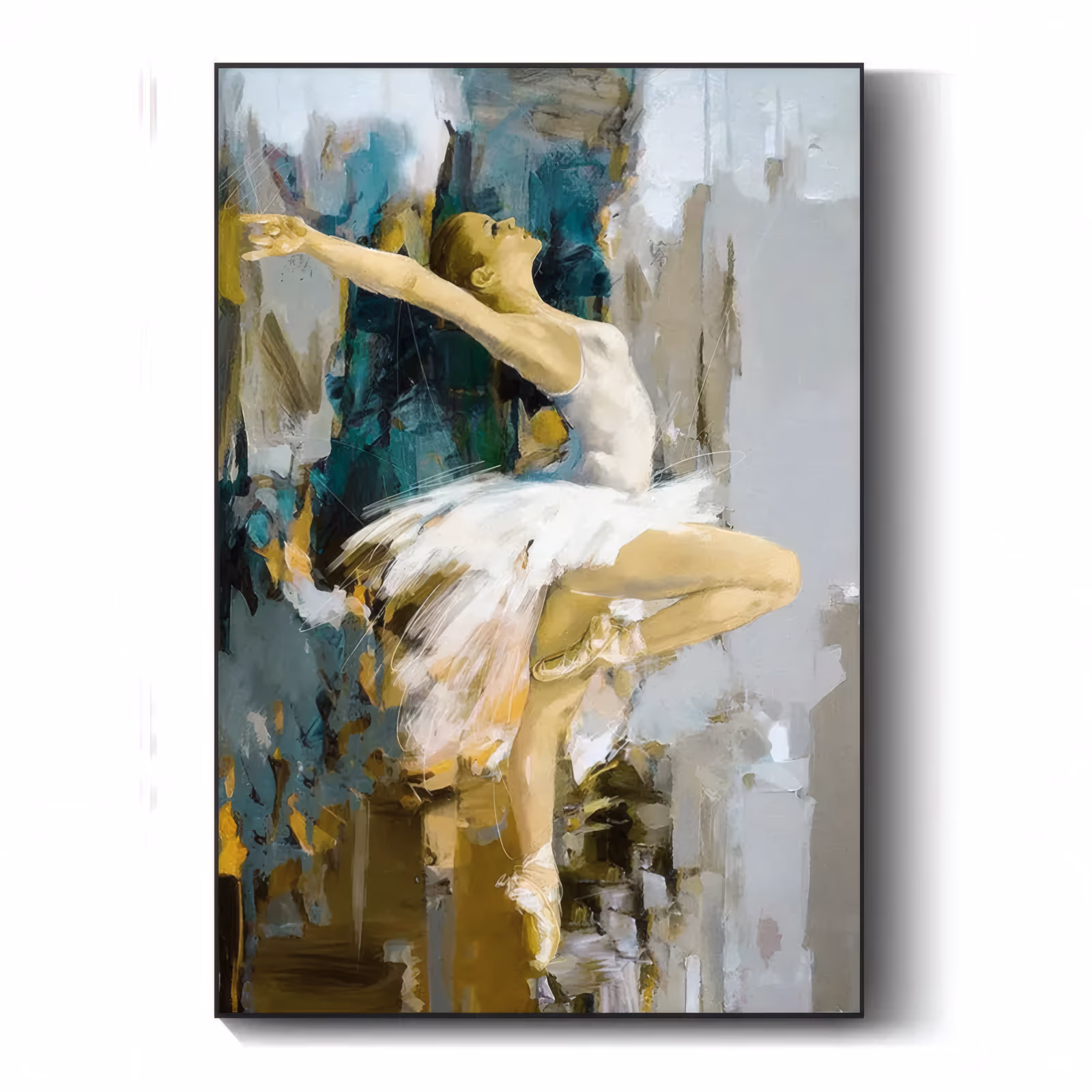 a large vertical impressionist painting of a ballerina on pointe in a white tutu, one arm stretched up and left, set against scraped teal, gray and gold abstract strokes, in oil with scraped edges