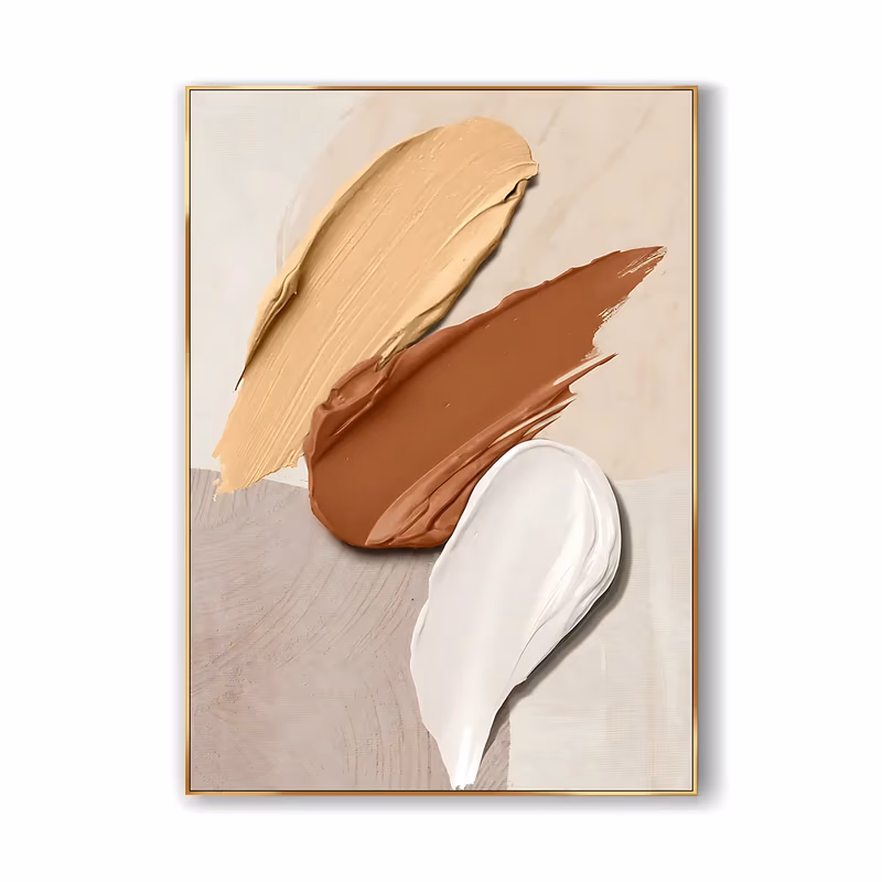 a large vertical abstract textured painting of three thick paint smears in sand, terracotta and white stacked on a diagonal over blocks of cream and taupe, built in heavy impasto