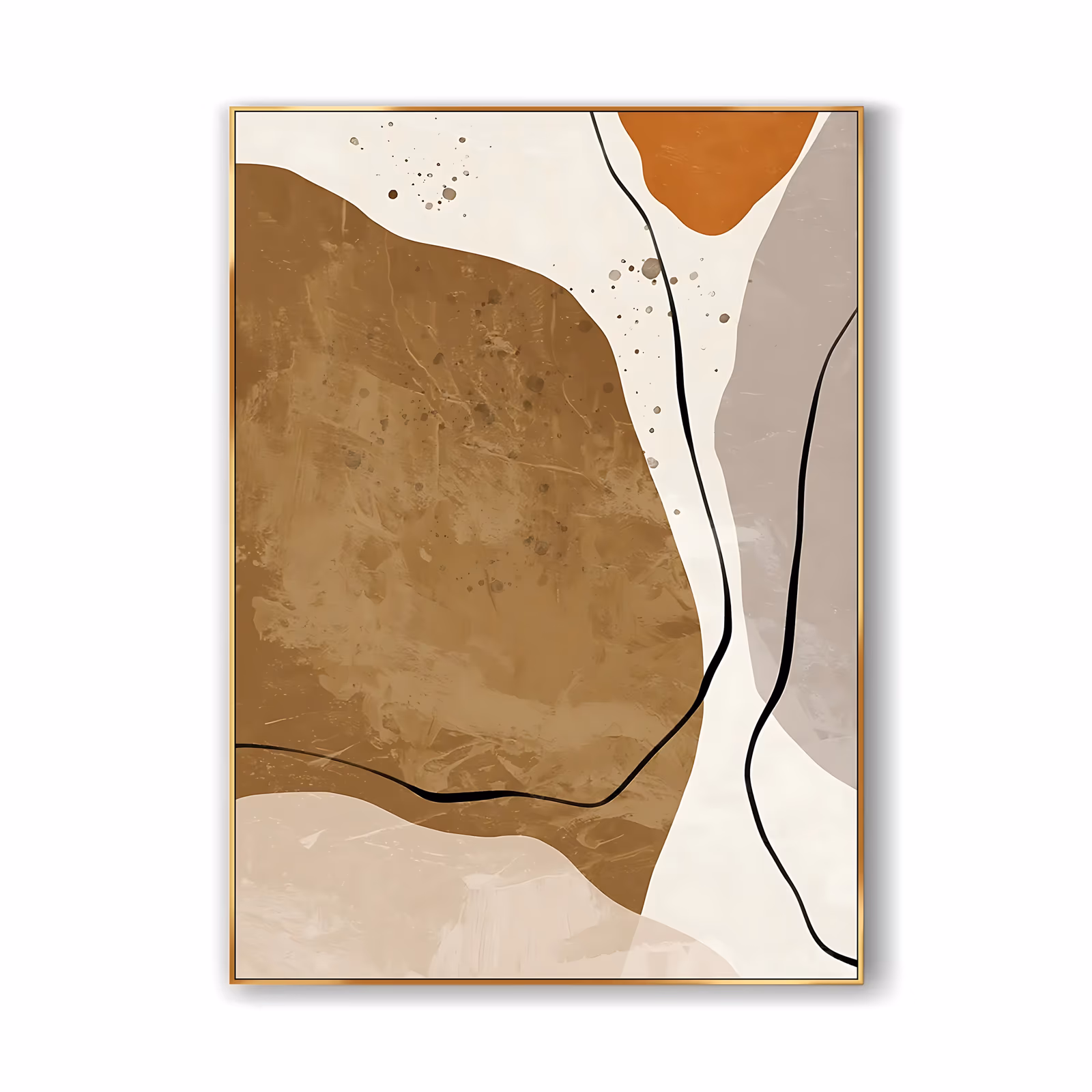 a large vertical minimalist painting of a broad ochre brown shape on the left, a soft gray column on the right and a small orange form at the top, linked by thin black lines and gray speckles, in flat matte paint