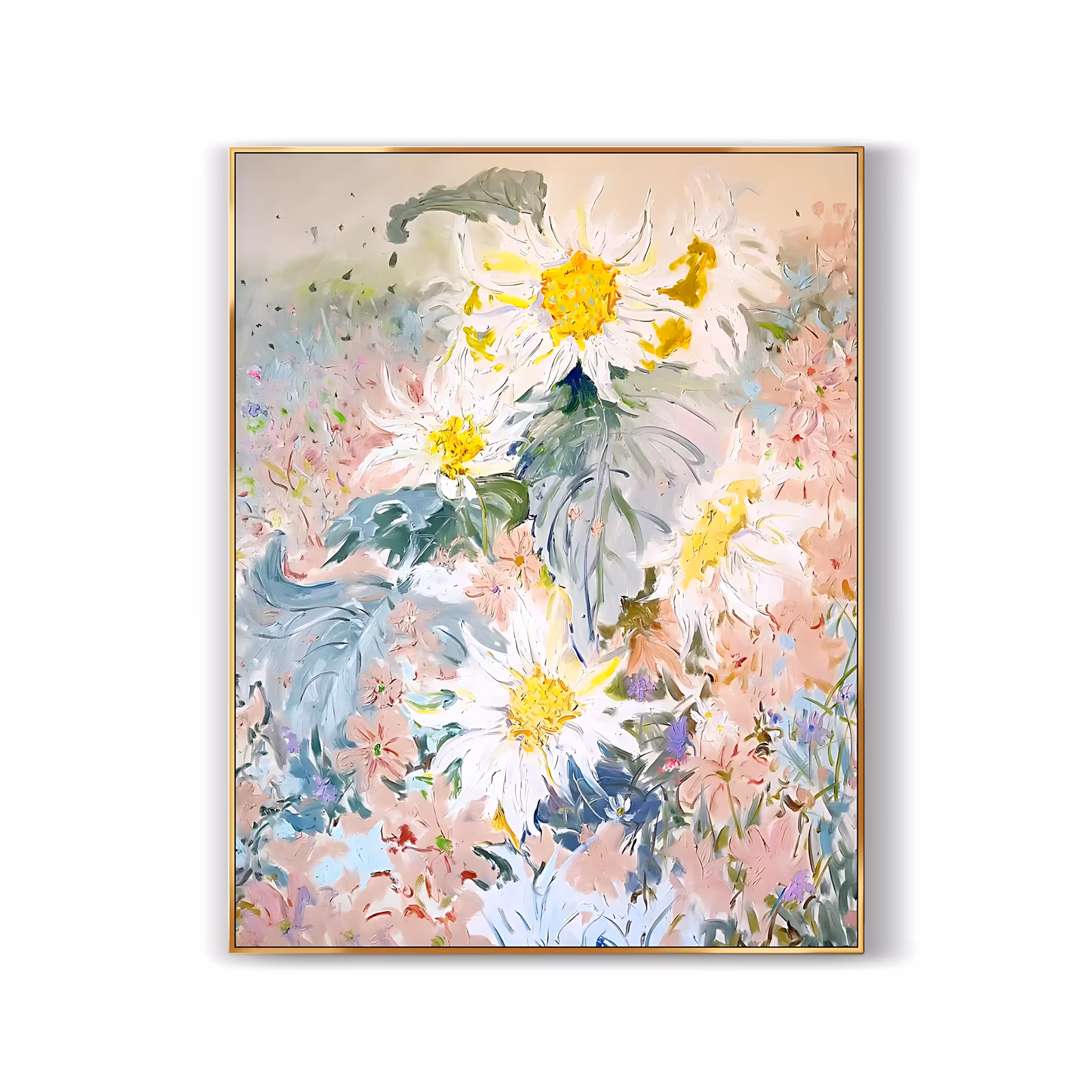 a large vertical impressionist painting of white daisies with bright yellow centers standing among drifts of pale pink blossom and gray-green leaves, laid on in thick palette-knife strokes