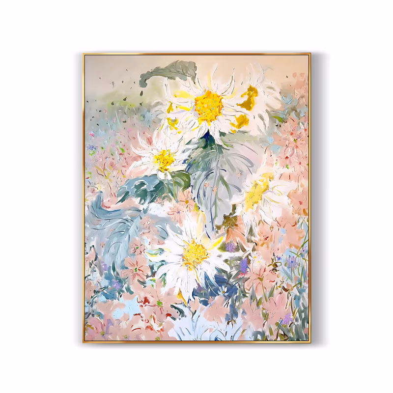 a large vertical impressionist painting of white daisies with bright yellow centers standing among drifts of pale pink blossom and gray-green leaves, laid on in thick palette-knife strokes