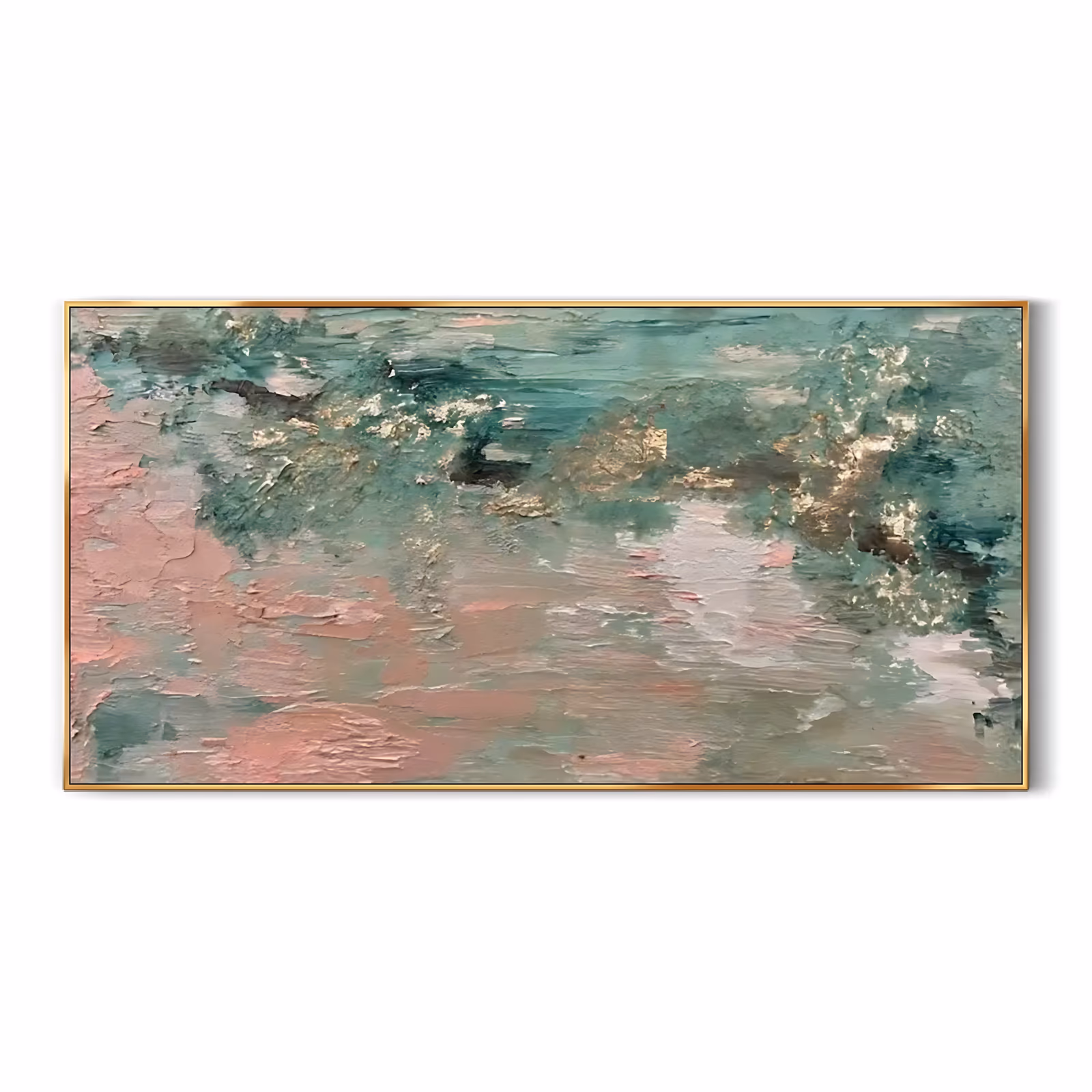 an oversized horizontal abstract painting of a dusty pink and sage green field, with a ridge of deep teal and gold flecks along the upper half and troweled plaster relief over the whole surface