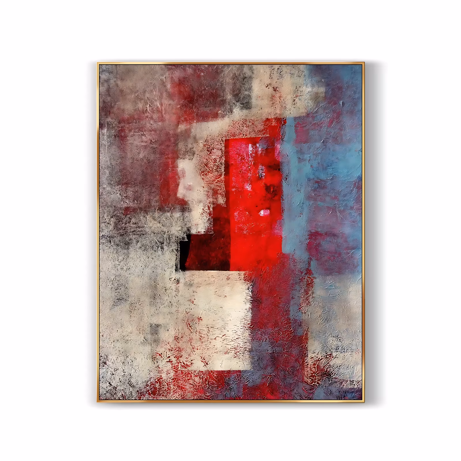 a large vertical abstract painting of weathered gray, beige and teal blocks stacked over one another, with a bright scarlet rectangle at the center and a small black square beside it, in scraped dry paint