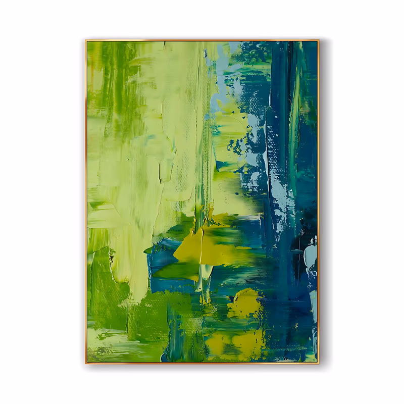 a large vertical abstract painting of dragged palette-knife strokes in lime green, chartreuse and deep teal, the pale green side on the left meeting a dark blue-green mass on the right, in thick impasto