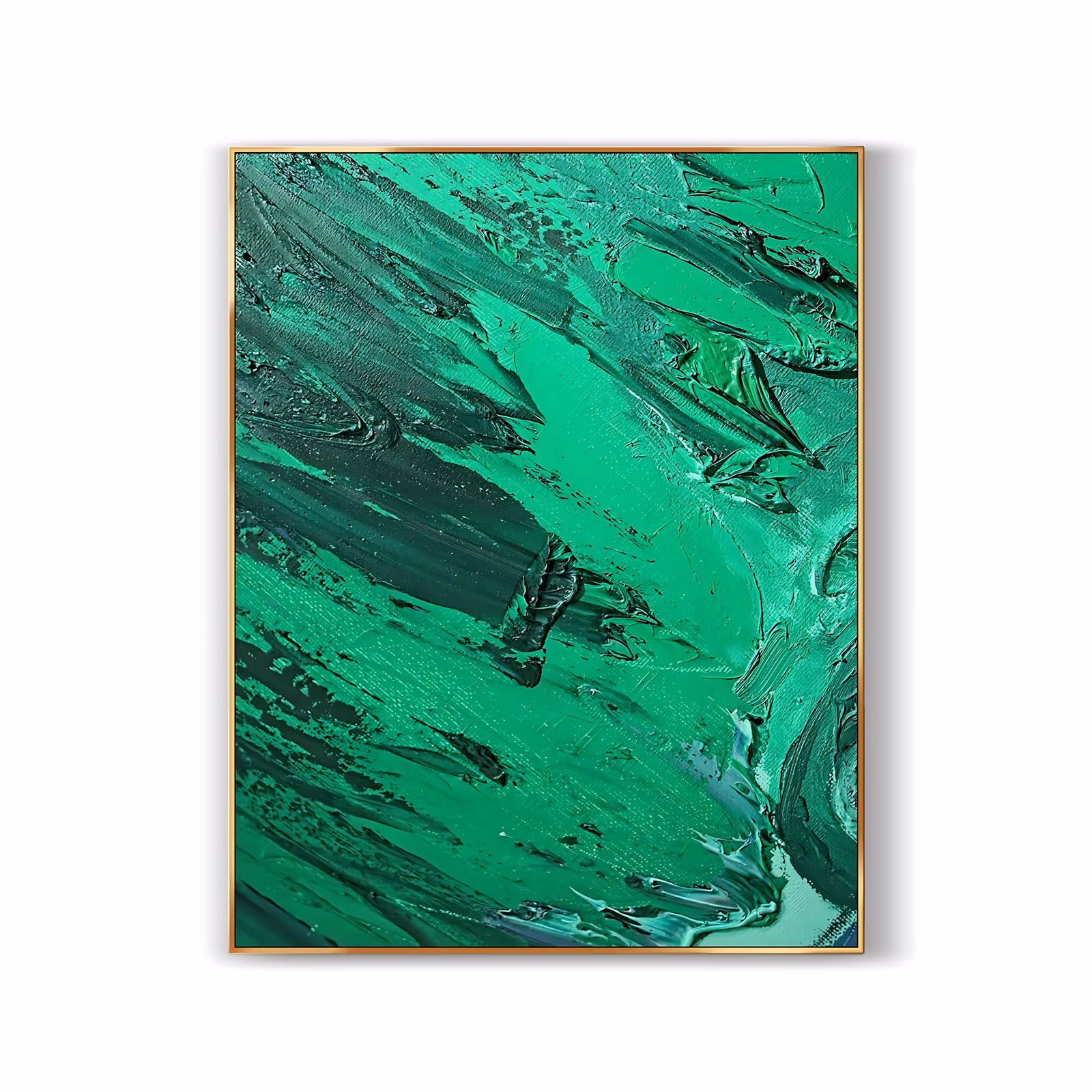 a large vertical abstract painting of thick emerald and jade green paint dragged in broad diagonal knife strokes, darker ridges crossing brighter green, in heavy impasto that stands off the canvas