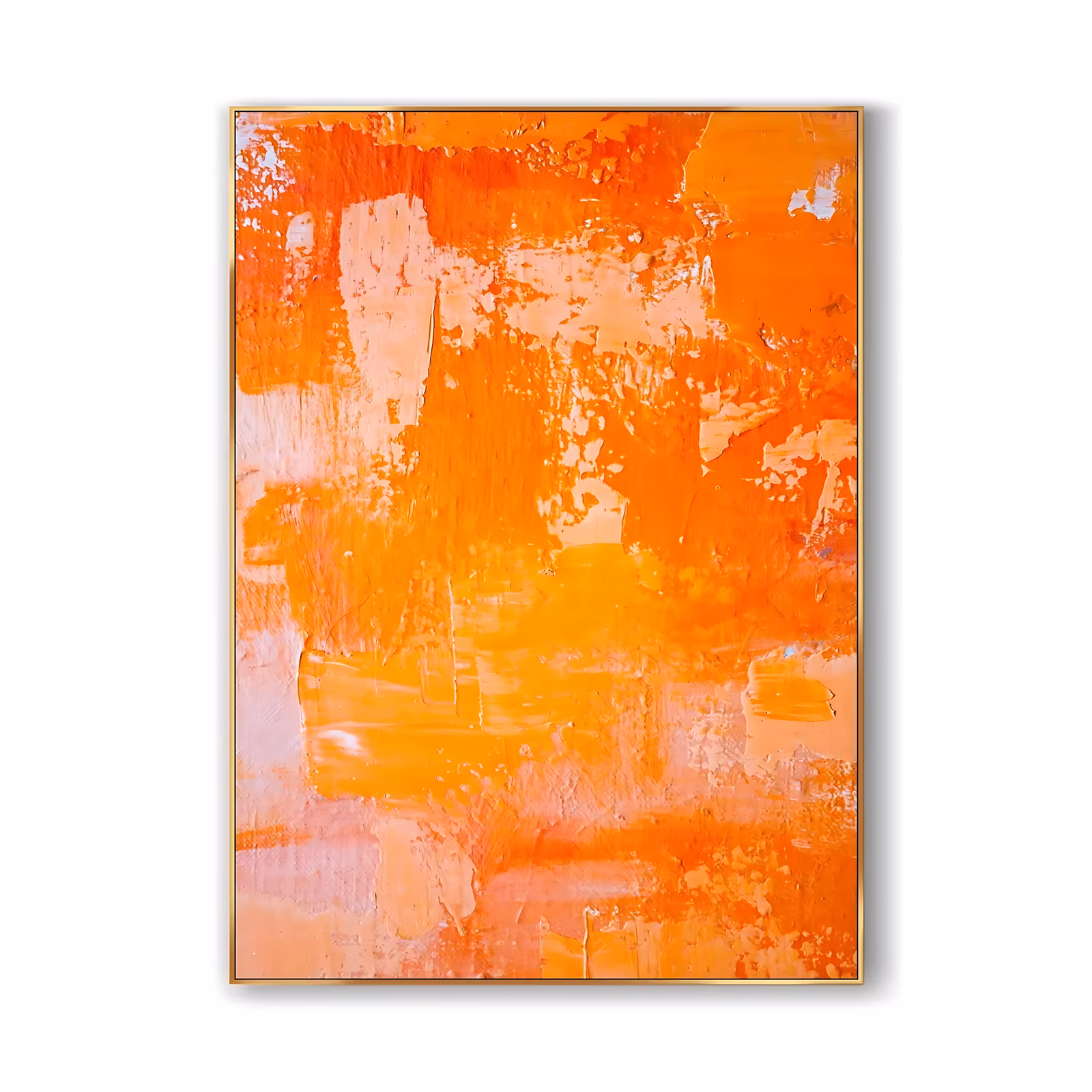 a large vertical abstract painting with no subject, broad scraped layers of bright orange, tangerine and pale peach laid over one another with thin white gaps showing through, in dry knife-dragged acrylic