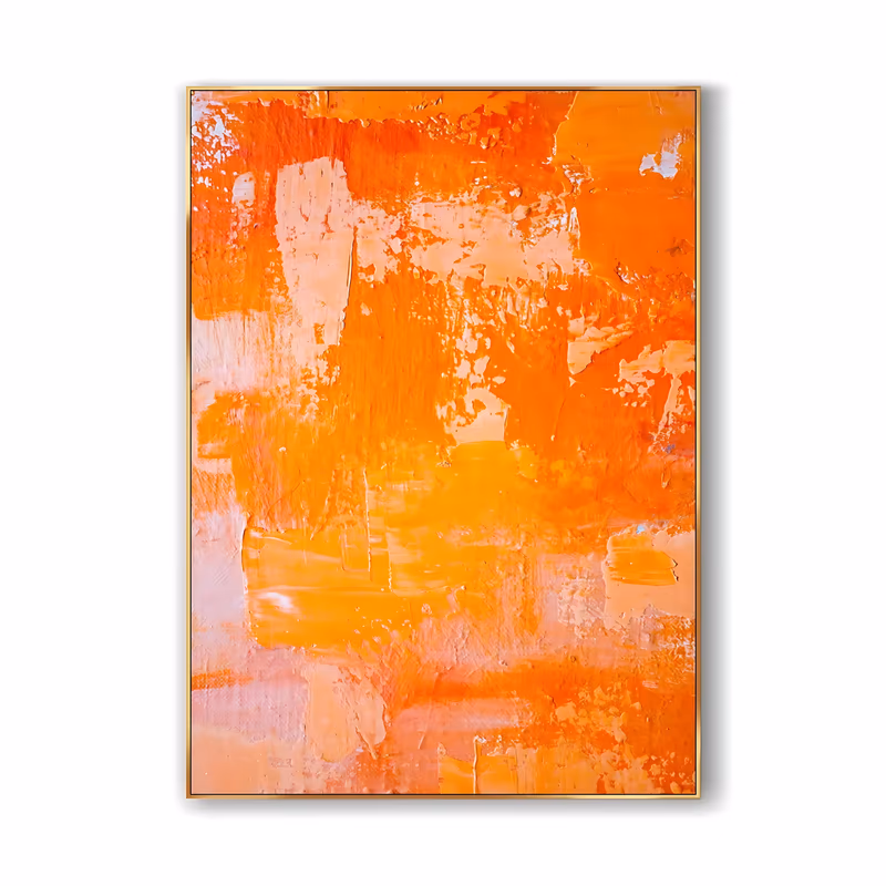 a large vertical abstract painting with no subject, broad scraped layers of bright orange, tangerine and pale peach laid over one another with thin white gaps showing through, in dry knife-dragged acrylic