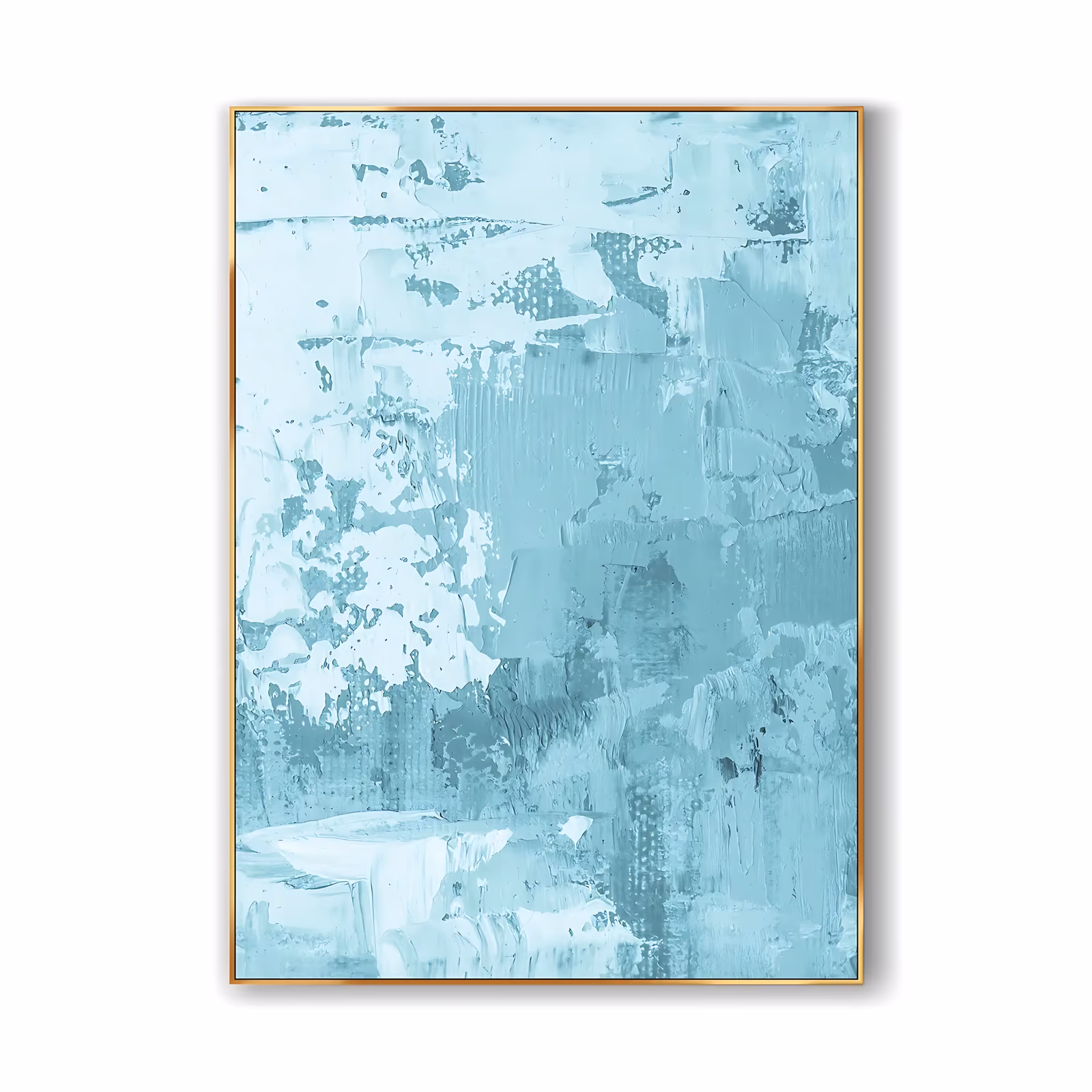 a large vertical textured abstract painting in a single soft aqua tone, with white trowel marks and scraped ridges over the whole surface and paler patches gathering at the left, in thick acrylic