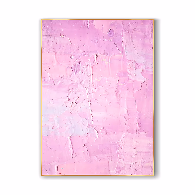 a large vertical abstract painting in a single pink, the surface trowelled in broad horizontal bands with pale white-pink patches through the center, showing scraped edges and ridges of thick paint