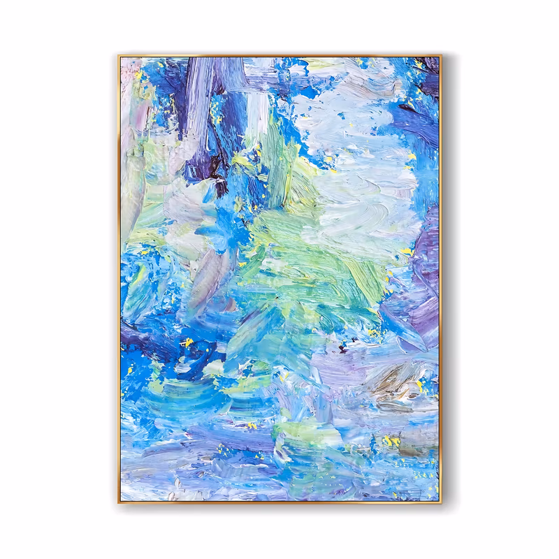 a large vertical abstract painting of sweeping blue, lilac and lime-green knife strokes crowding the whole canvas with small yellow flecks, worked in thick palette-knife oil with visible ridges