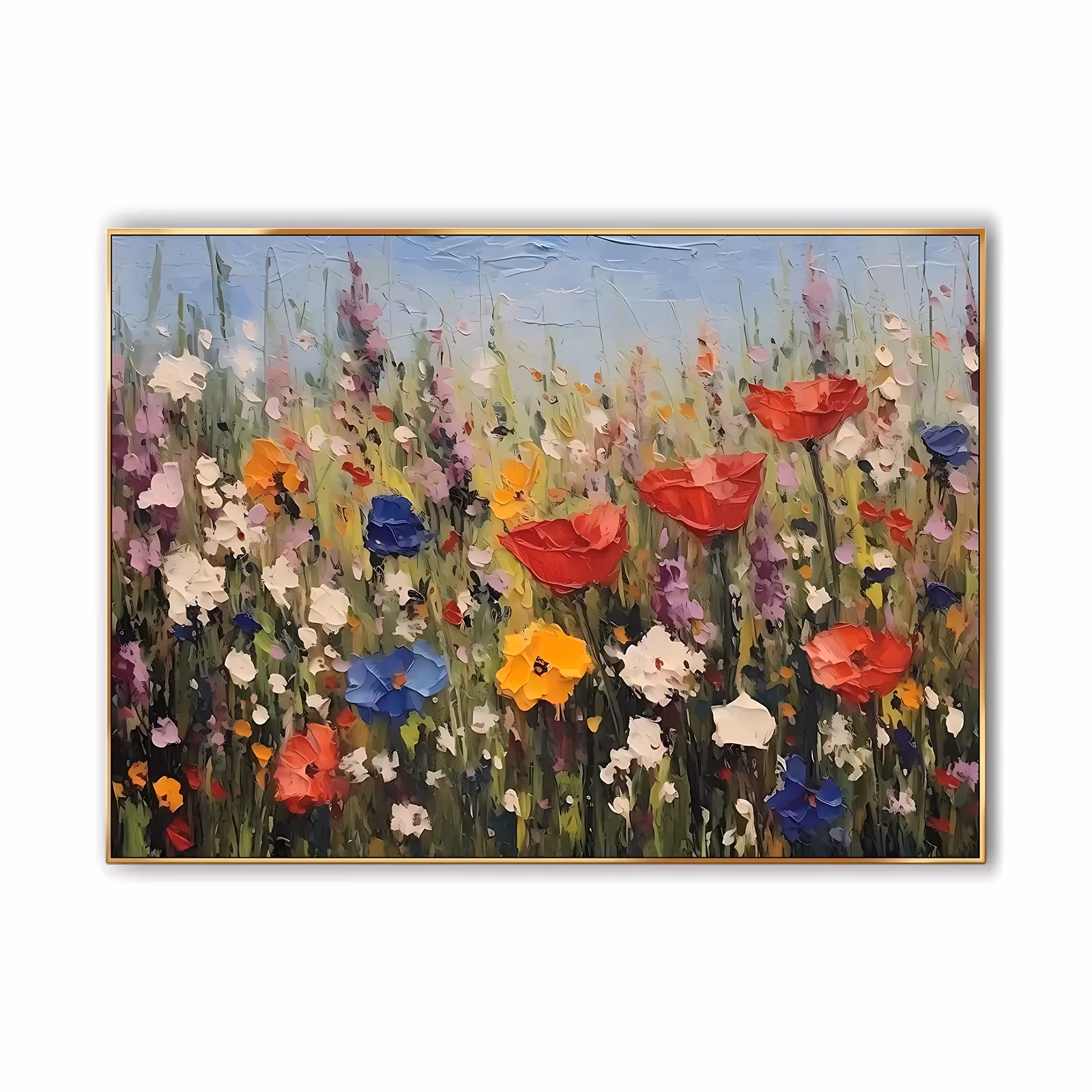 a wide horizontal impressionist meadow painting of red poppies, blue cornflowers, white daisies and yellow blooms rising on tall green stems against a pale blue sky, in raised palette-knife paint