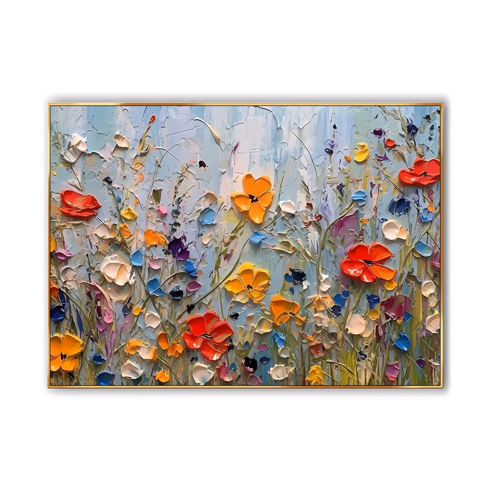an oversized horizontal impasto painting of a wildflower meadow, scarlet poppies and golden blooms rising among cream daisies and small blue and purple buds against a pale sky, in thick sculpted paint