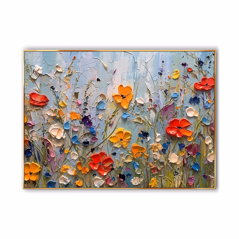 an oversized horizontal impasto painting of a wildflower meadow, scarlet poppies and golden blooms rising among cream daisies and small blue and purple buds against a pale sky, in thick sculpted paint