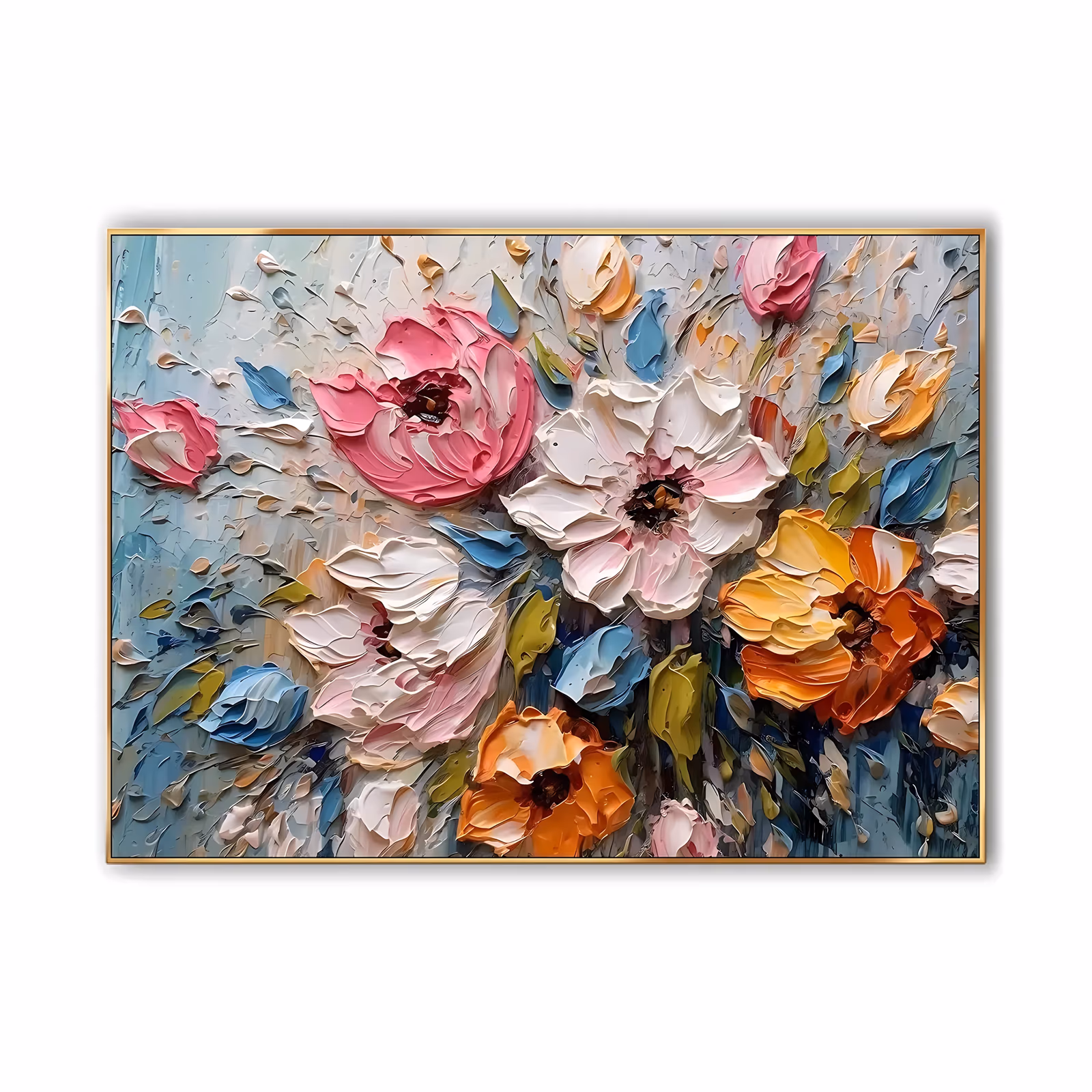 a wide horizontal floral painting of oversized pink, white and orange blooms opening in the middle of the frame among blue and olive petals, over a pale blue-gray ground, in very thick sculpted impasto