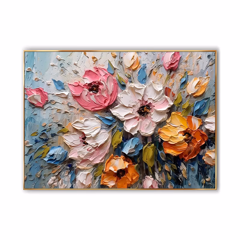 a wide horizontal floral painting of oversized pink, white and orange blooms opening in the middle of the frame among blue and olive petals, over a pale blue-gray ground, in very thick sculpted impasto