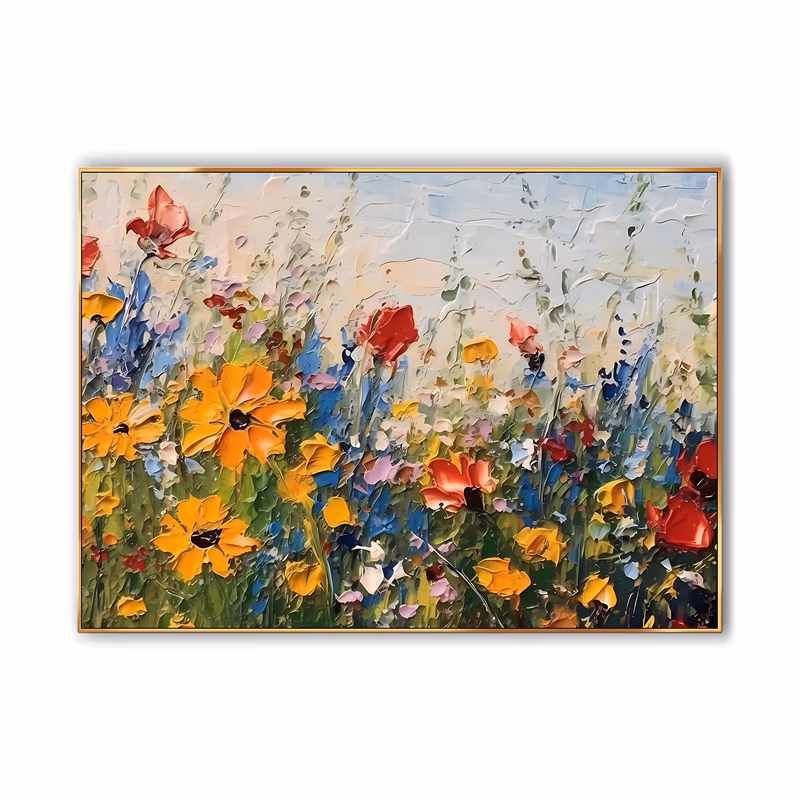 a wide horizontal impressionist meadow painting of red poppies, gold black-eyed susans and blue larkspur spikes massed low in the frame under a pale cream sky, in heavy sculpted impasto