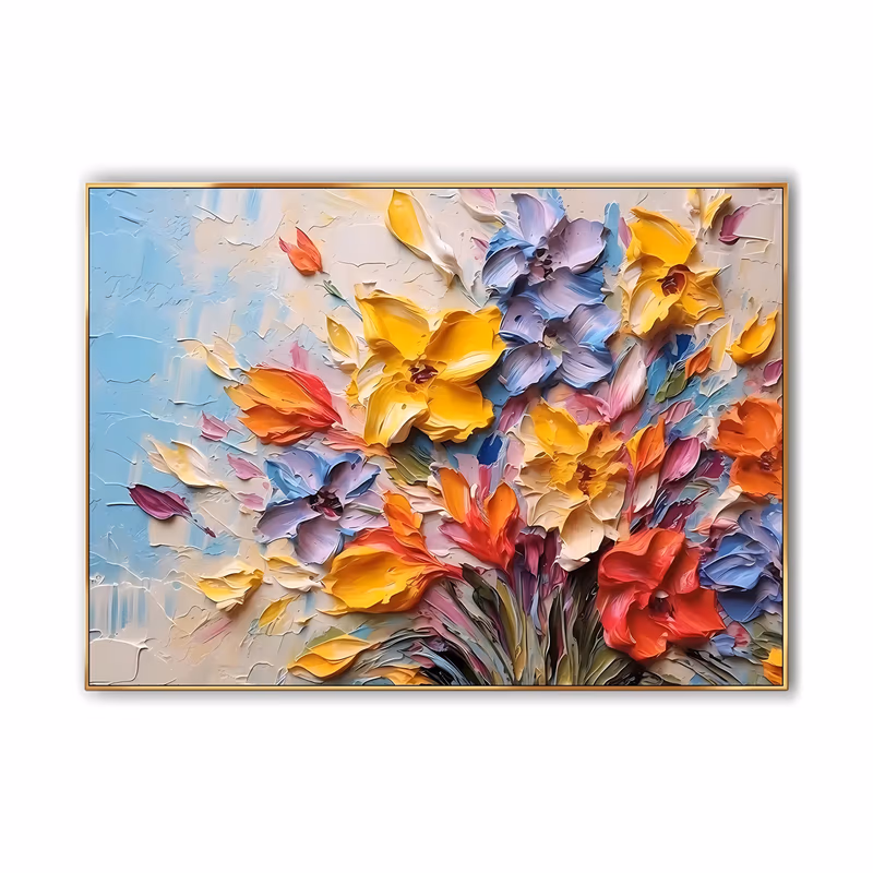 a wide horizontal floral painting of a loose bouquet of yellow, red, orange and lavender blooms fanning up from the lower right, each petal shaped in heavy sculpted impasto over a cream and pale blue ground