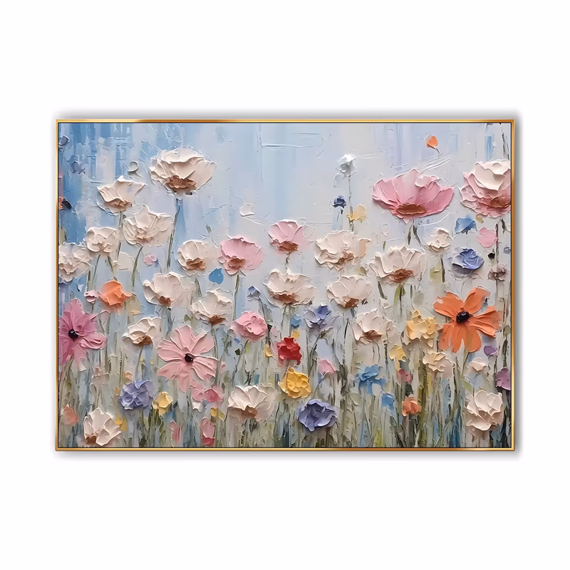 a wide horizontal textured floral painting of white, pink and orange poppies and cosmos on slim green stems in the lower two thirds, under an open pale blue sky, petals in thick sculpted paint