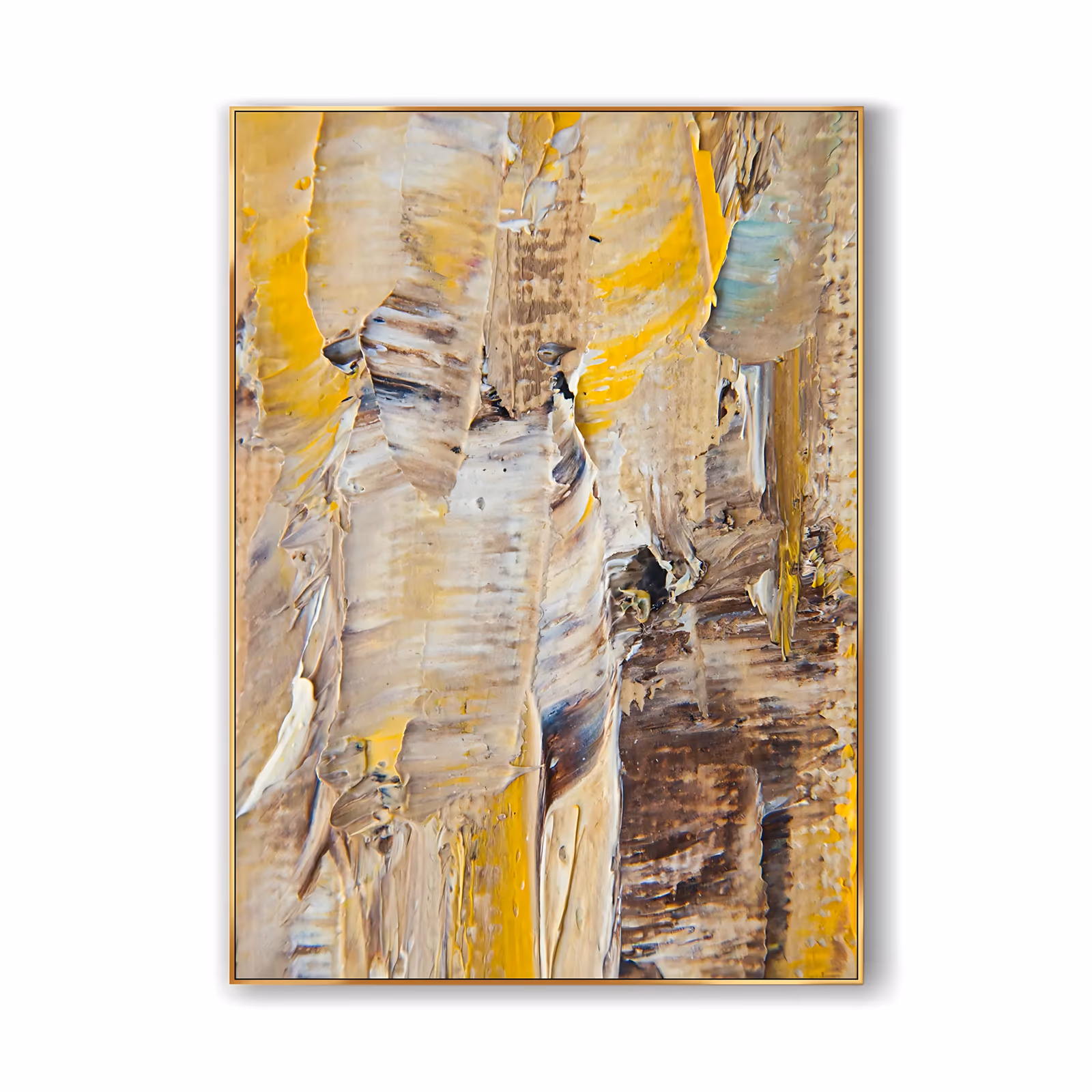 a large vertical abstract painting built from wide slabs of ochre, cream and warm brown laid on with a knife, ridges running down the canvas with one small pale teal mark at the upper right, in heavy impasto