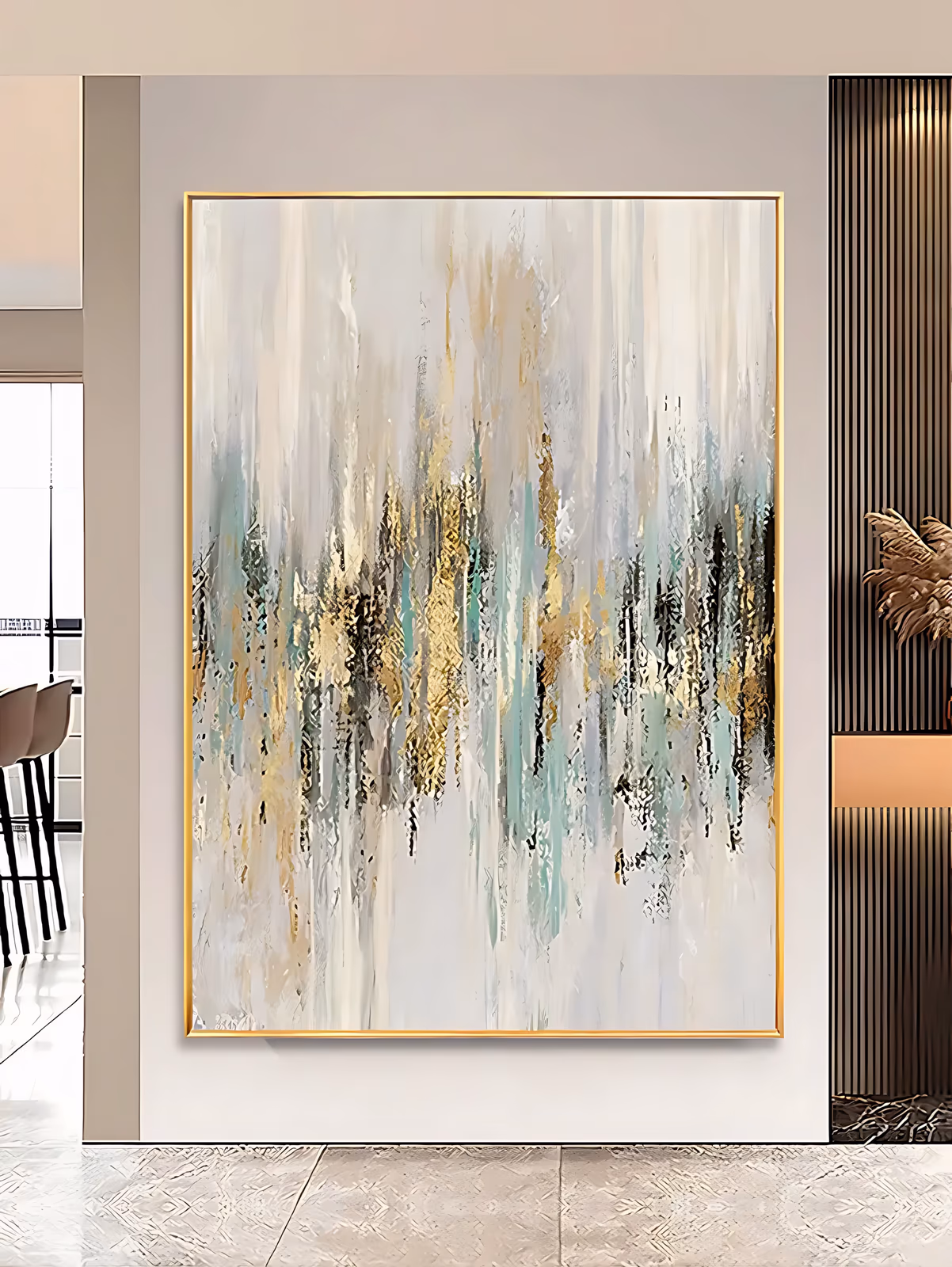 a large vertical abstract painting of narrow vertical strokes and drips in gold leaf, sage and mint green, gray and black over a cream and white ground, densest through the middle band, in heavy impasto