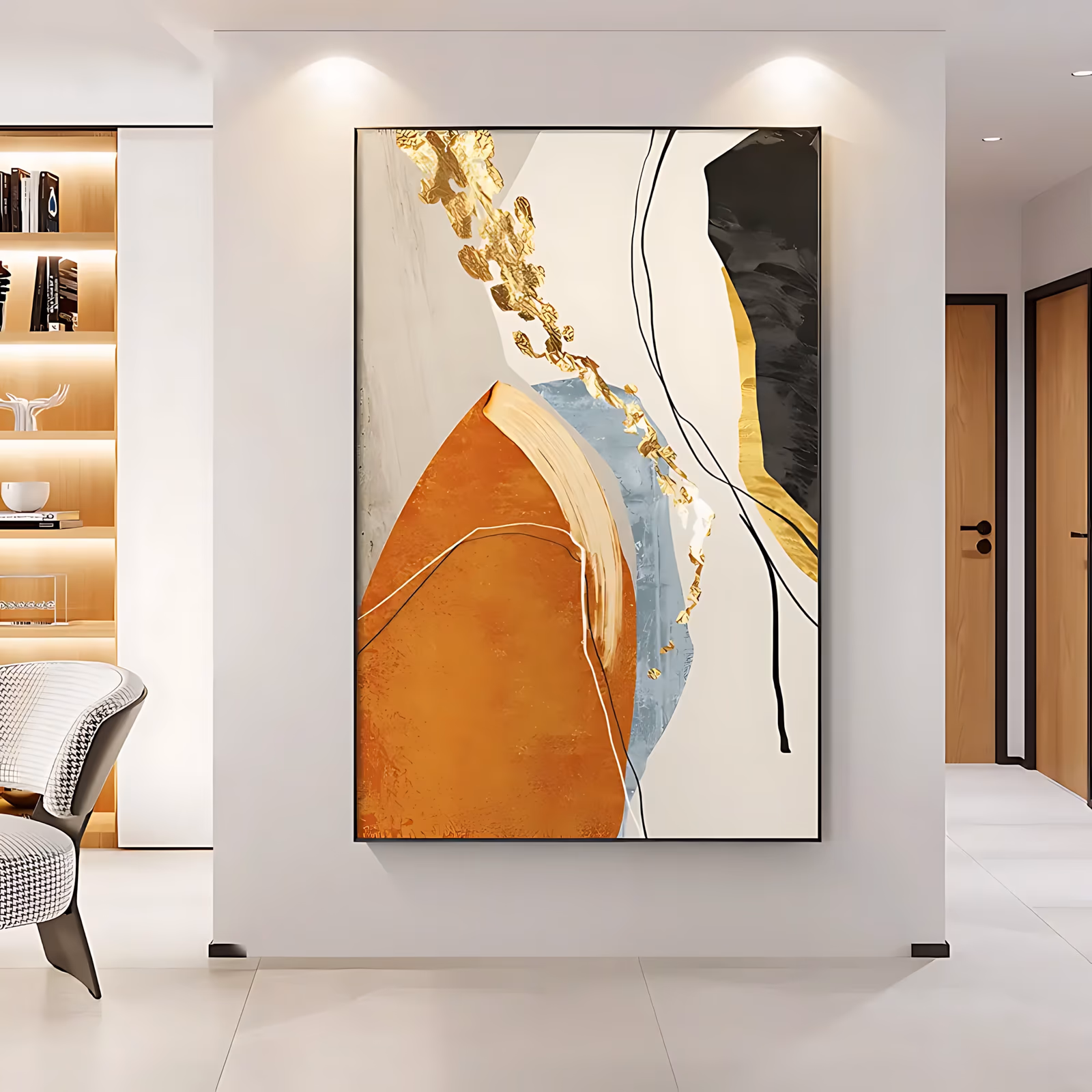 a large vertical abstract painting of a burnt orange rounded form on cream, a pale blue shape behind it, gold-leaf drips running down from the top left and a black wedge at upper right, in thick hand-applied paint