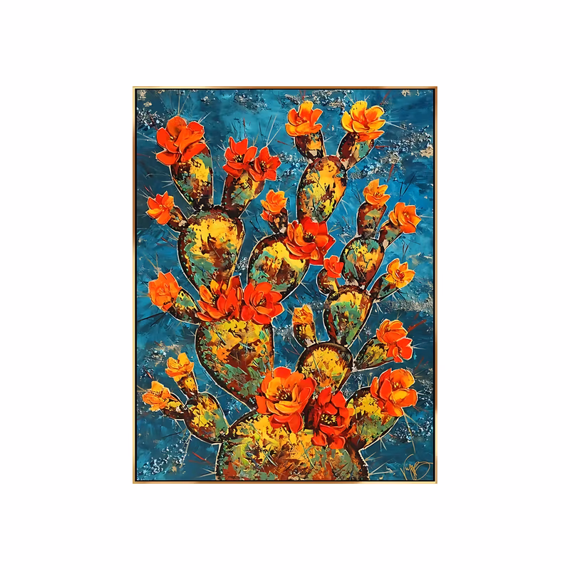 a large vertical desert painting of a prickly pear cactus with gold-green paddles opening into scarlet and tangerine blossoms, spreading over a mottled teal ground in thick knife-worked acrylic