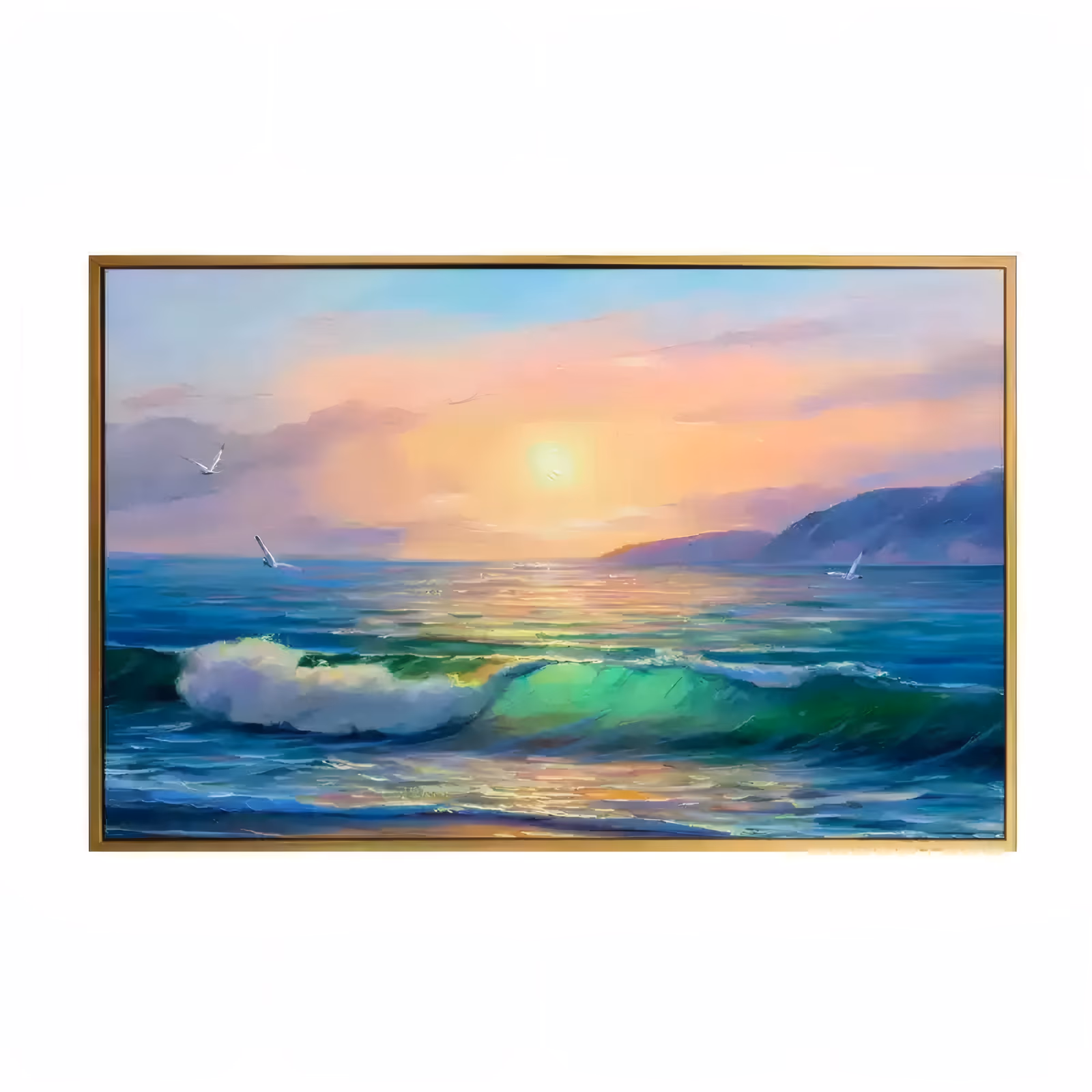a large horizontal impressionist painting of a green and white wave breaking in the lower foreground under a pink and orange sunset sky, two seagulls above the water and blue hills on the right, in oil