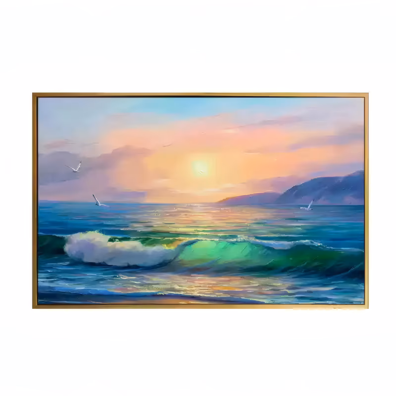 a large horizontal impressionist painting of a green and white wave breaking in the lower foreground under a pink and orange sunset sky, two seagulls above the water and blue hills on the right, in oil