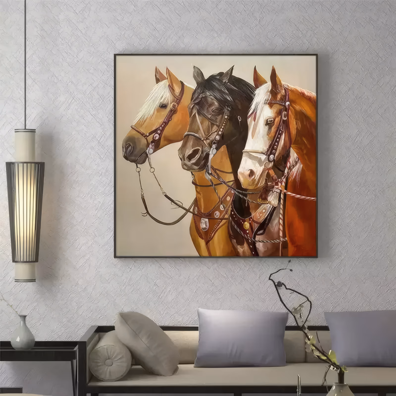 a square realist painting of three horse heads in a row wearing decorated leather bridles with silver fittings, a palomino at the left, a black horse at the center and a chestnut at the right, in oil