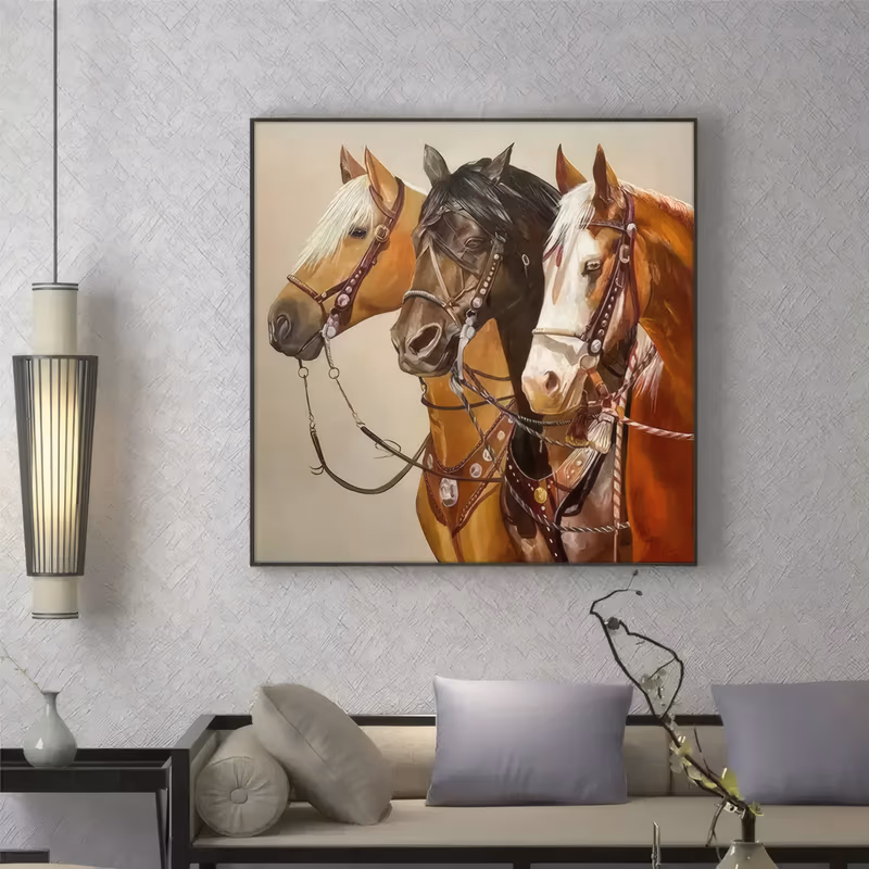 a square realist painting of three horse heads in a row wearing decorated leather bridles with silver fittings, a palomino at the left, a black horse at the center and a chestnut at the right, in oil