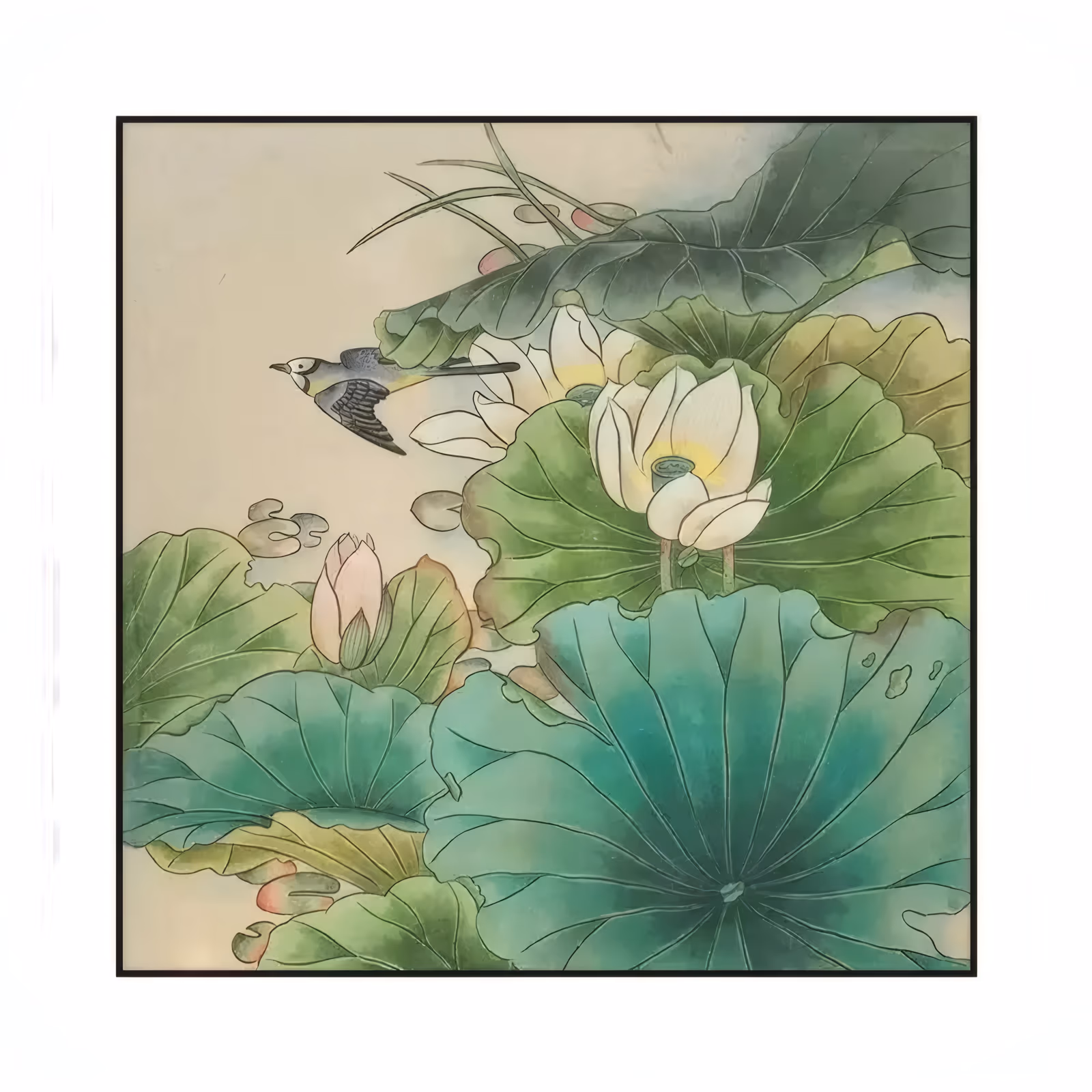 a large square botanical painting of white lotus blooms and a pink bud among broad green and teal lily pads, with a small black and white bird flying in at the upper left on a cream ground, in fine ink and color