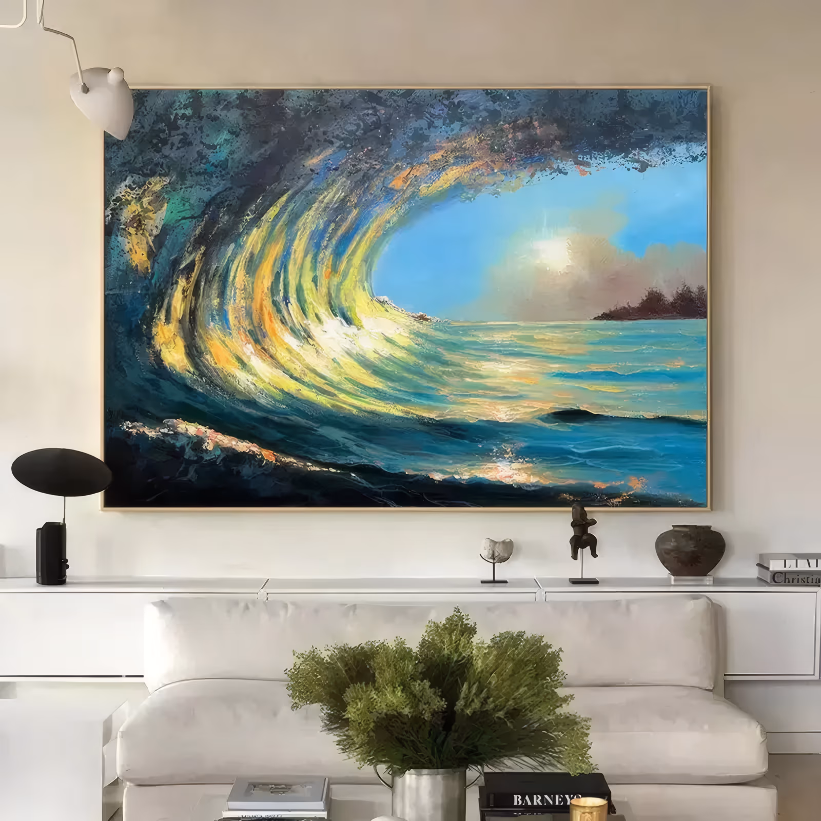 an oversized horizontal impressionist painting of a teal ocean wave curling into a barrel on the left, gold light glowing inside it, with a white sun and a dark headland at right, in thick impasto