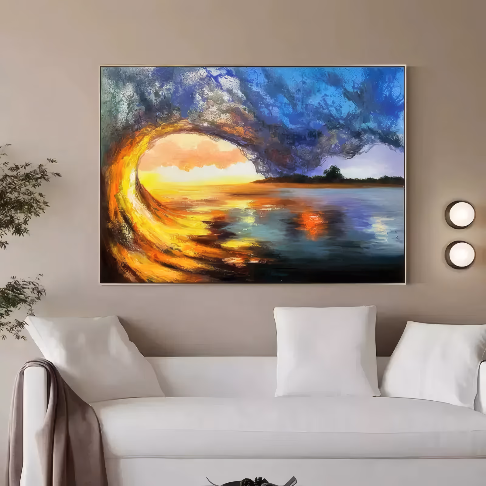 an oversized horizontal impressionist painting of a breaking wave curling into a barrel on the left, its blue and teal crest arching over a gold and orange sunset on calm water, in heavy impasto