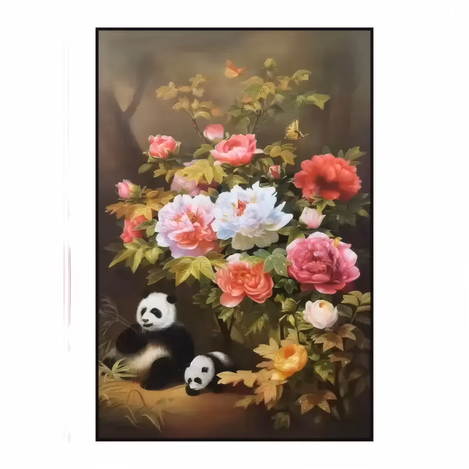 a large vertical realist oil painting of an adult panda and a cub resting at the foot of a bush of pink, red, white and yellow peonies with green leaves and two butterflies above, on a deep brown ground, in blended oil