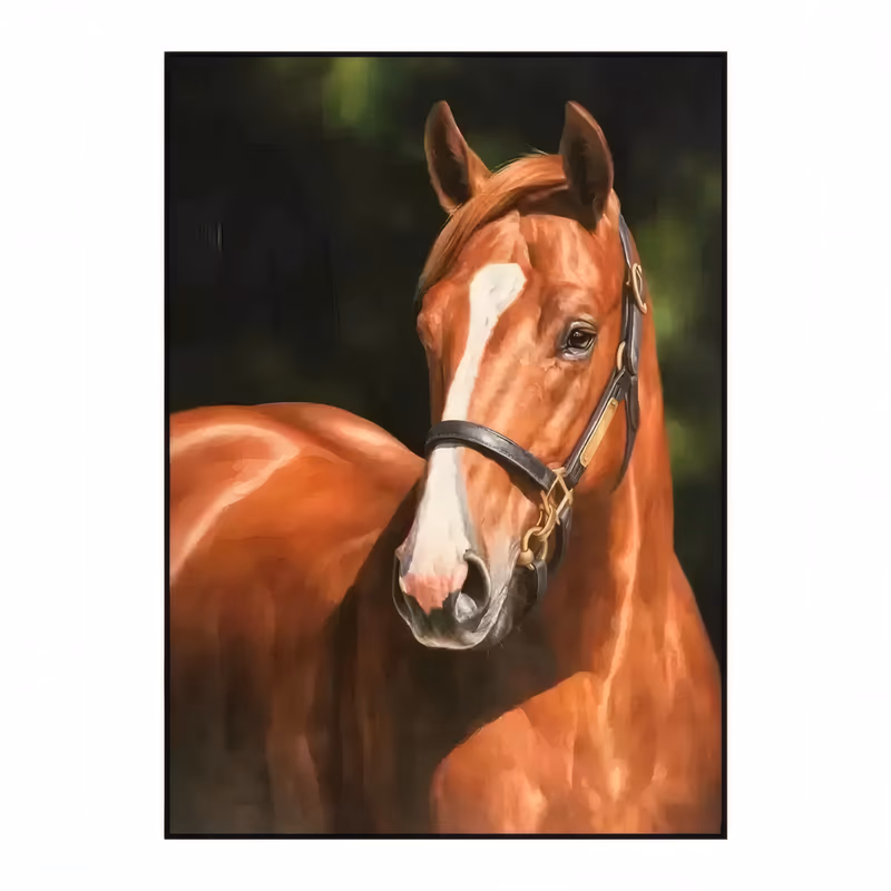 a large vertical realistic oil painting of a chestnut horse standing in three-quarter view, a white blaze on its face and a black halter with gold fittings, against dark green sunlit foliage