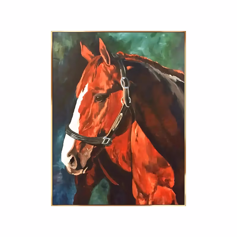 a large vertical realist painting of a red chestnut horse head in profile wearing a black leather bridle, a white blaze down its face, set against a loose dark green and teal ground, in thick oil