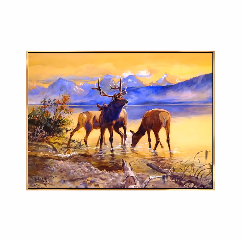 a large horizontal painting of three elk standing in the shallows of a mountain lake, two drinking and one antlered bull looking up, under a gold-yellow sky with blue peaks behind, in loose oil