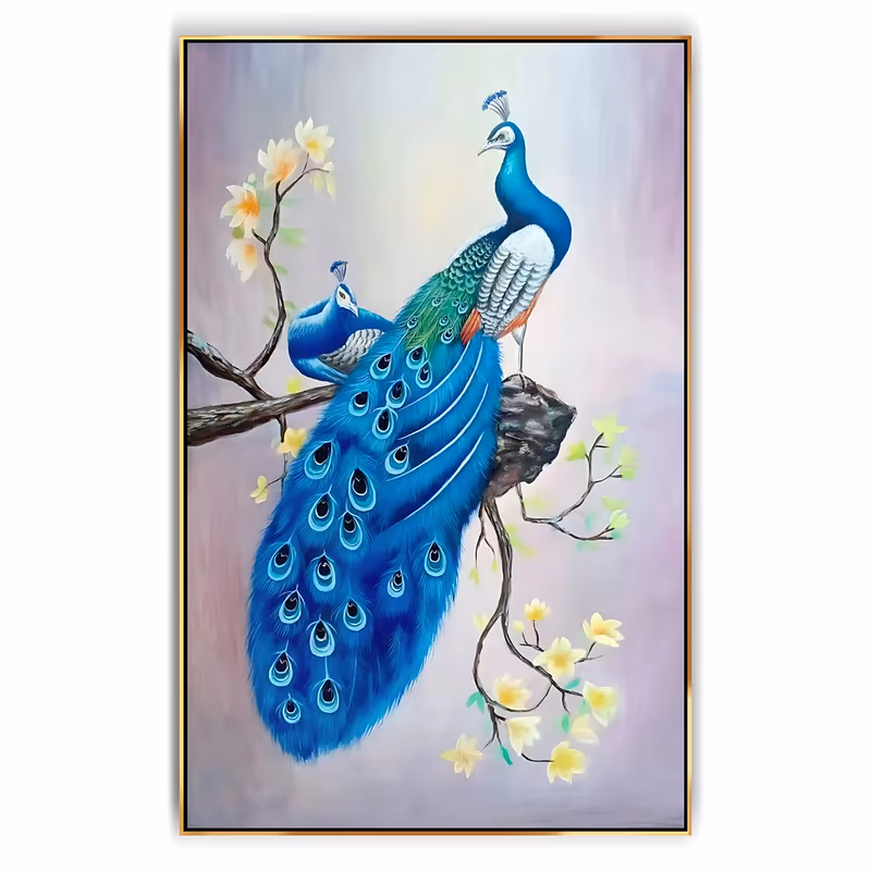 a large vertical realistic painting of two blue peacocks on a branch, the lower bird's spotted turquoise tail sweeping down the frame, with small yellow magnolia flowers on a soft lilac-gray ground