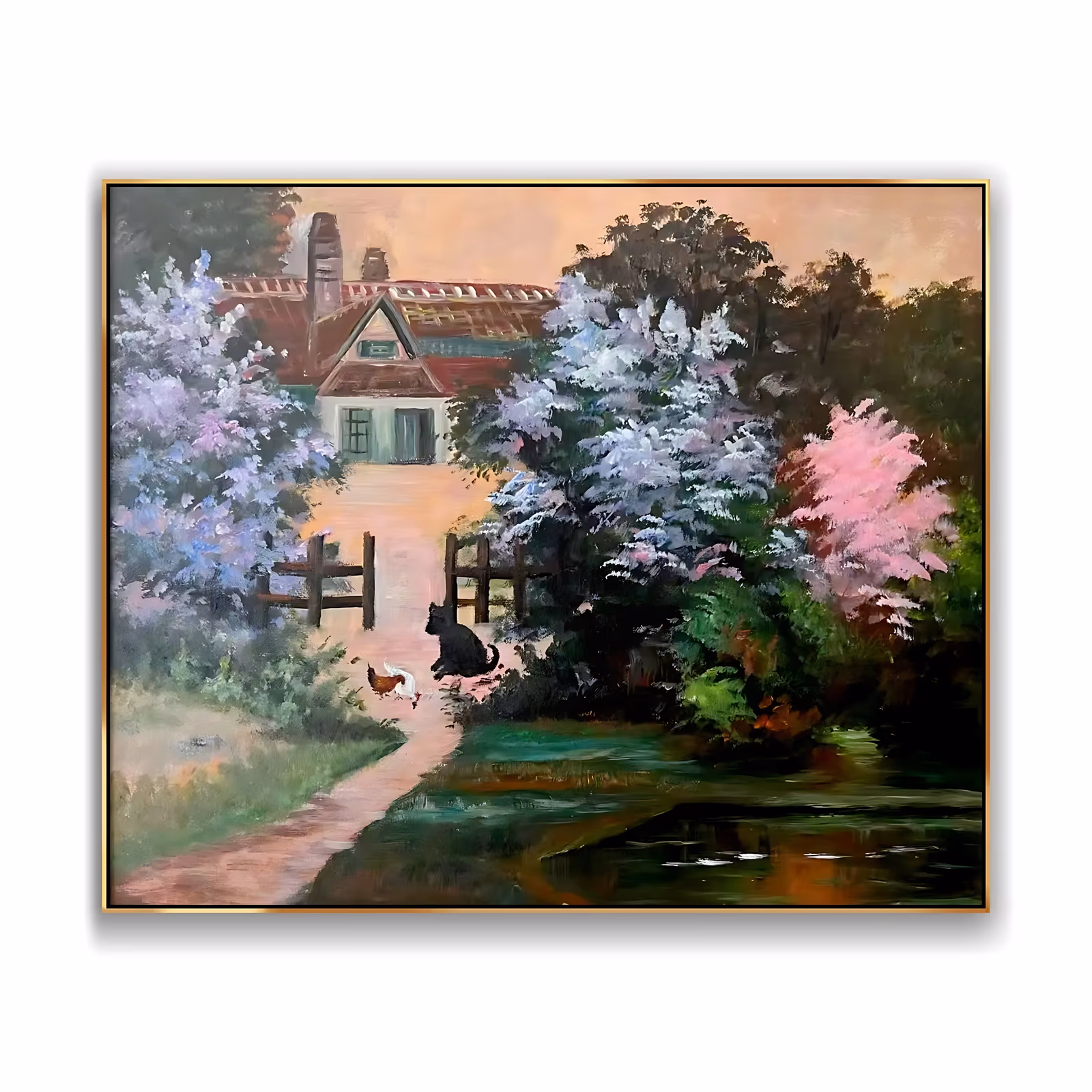 a horizontal painting of a red-roofed cottage behind lilac and pink flowering trees, with a wooden fence, a black cat and a hen on the path and a dark pond at the right, in smooth brushwork