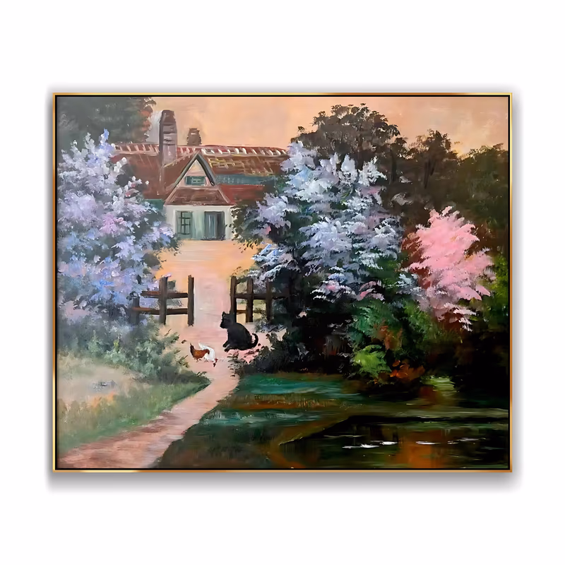 a horizontal painting of a red-roofed cottage behind lilac and pink flowering trees, with a wooden fence, a black cat and a hen on the path and a dark pond at the right, in smooth brushwork