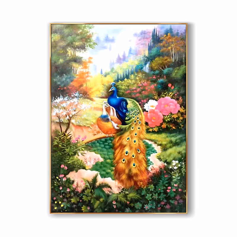 a large vertical realist oil painting of a blue peacock with a long gold and green tail perched beside a brown peahen at the center of a flowering garden, with pink roses and wooded hills behind, in fine blended oil