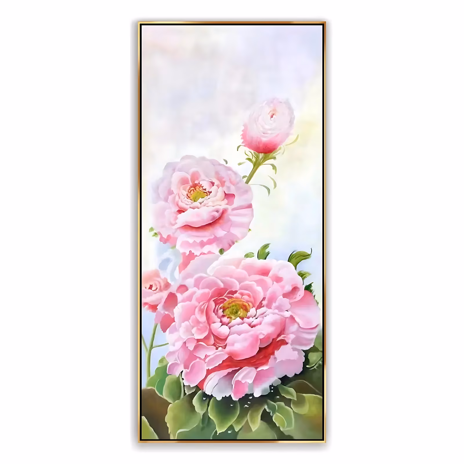 a tall vertical realist floral painting of two open pink peonies and one bud on curving green stems rising from the lower right, against a pale washed ground of cream, lilac and soft yellow, in fine hand-painted layers