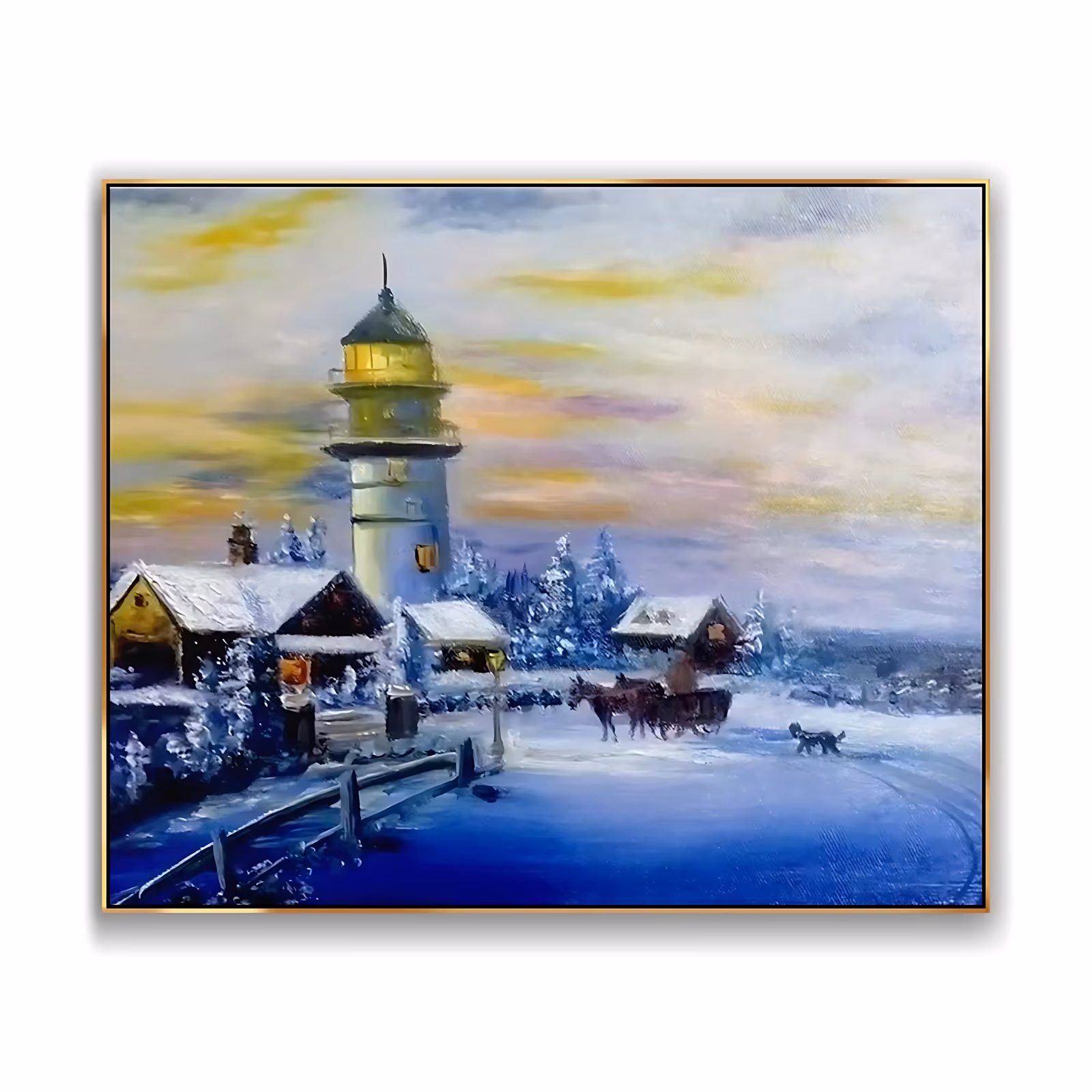 a large horizontal impressionist painting of a snow-covered village with a lit stone lighthouse at left, a horse-drawn sleigh and small dog crossing blue snow under a yellow sunset sky, in smooth blended oil