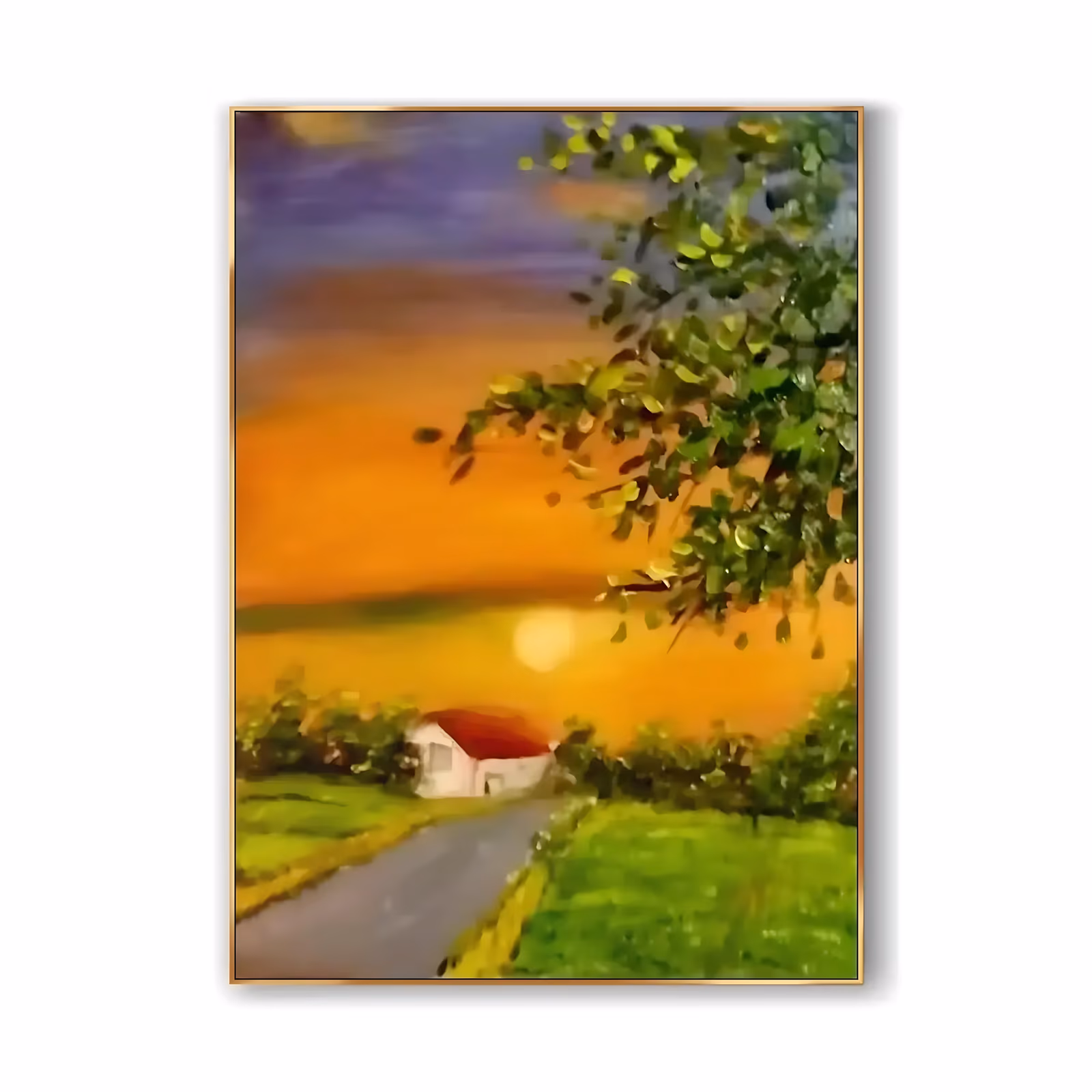 a large vertical impressionist painting of an orange sunset over green fields, a white cottage with a red roof beside a country road and a leafy branch hanging into the top corner, in soft blended oil