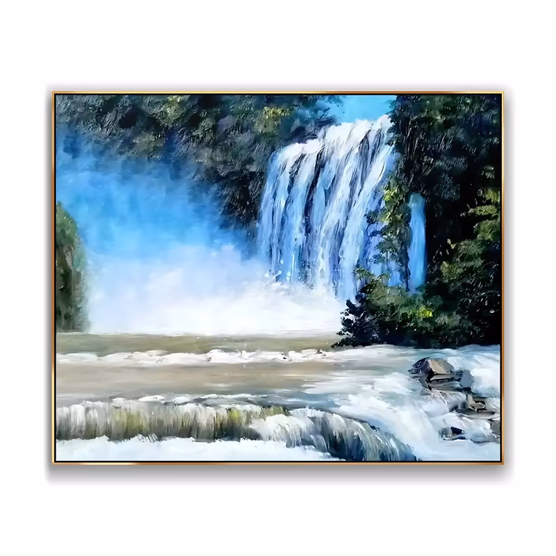 a large horizontal impressionist canvas of a wide waterfall dropping between dark green forest trees into a pale rocky river, blue sky and white spray above the treeline, in smooth oil brushwork