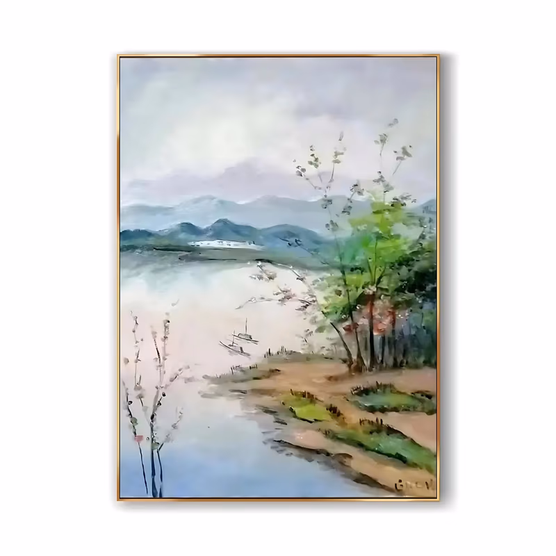 a large vertical impressionist painting of a pale misty lake with a small fishing boat at center, bare blossom branches on the left, a green wooded bank at right and lilac-gray mountains behind, in thin washy oil