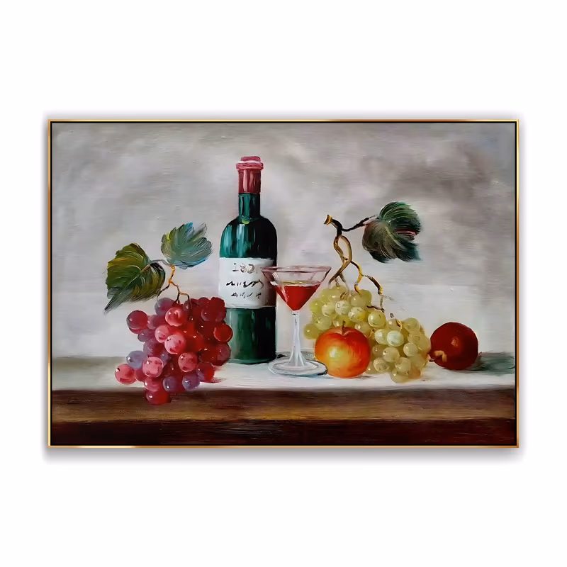 a horizontal still life painting of a green wine bottle beside a glass of red wine, with a bunch of dark red grapes on the left, green grapes and two apples on the right, on a wooden table