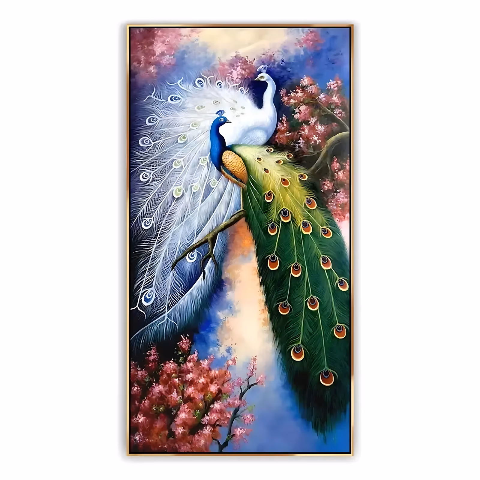 a tall vertical oil painting of a white peacock and a blue-green peacock perched together on a branch, their long tails falling down the panel among pink cherry blossoms and blue sky